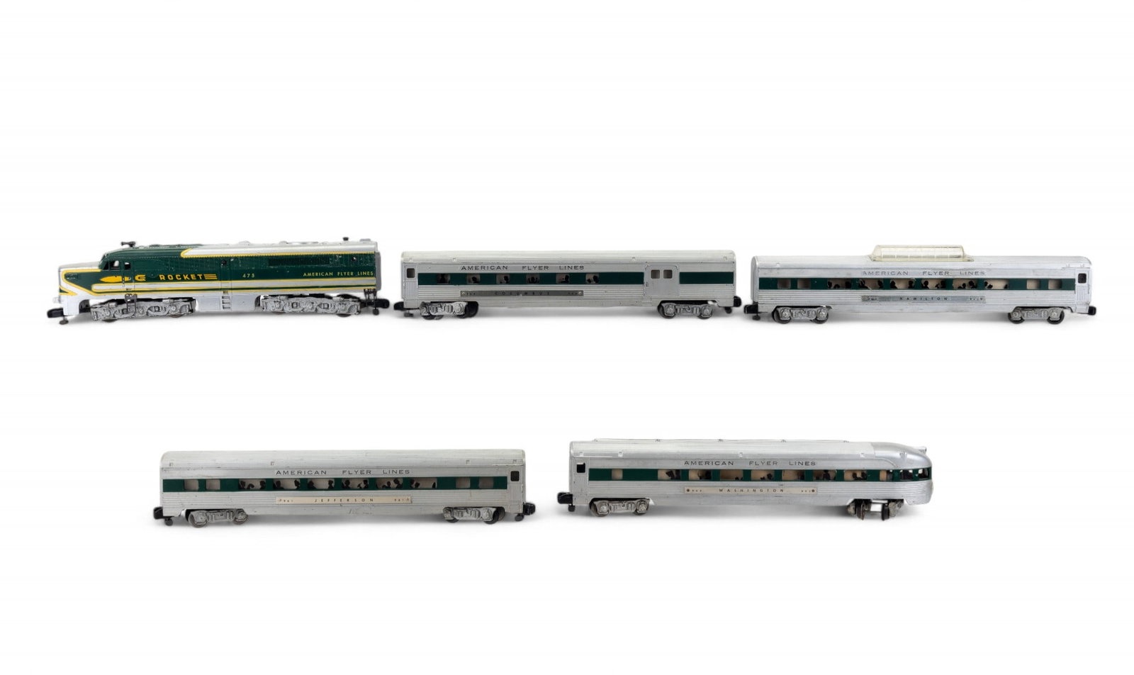 American Flyer S Gauge Rocket 475 Loco, Passengers: American Flyer S gauge Rocket 475 diesel engine w/ matching American Flyer Lines Columbus 960, Jefferson 961, Hamilton 962, & Washington 963 passenger cars.