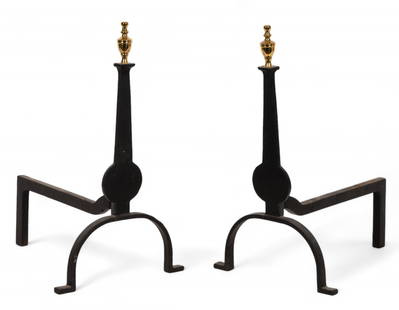 Federal Style Knife Blade Andirons: Pair of Federal style Virginia Metalcrafters knife blade andirons with arched legs and brass urn finials measuring approx. 21.5" H x 16" L x 12.5" W. Blades marked "1024" with company logo.