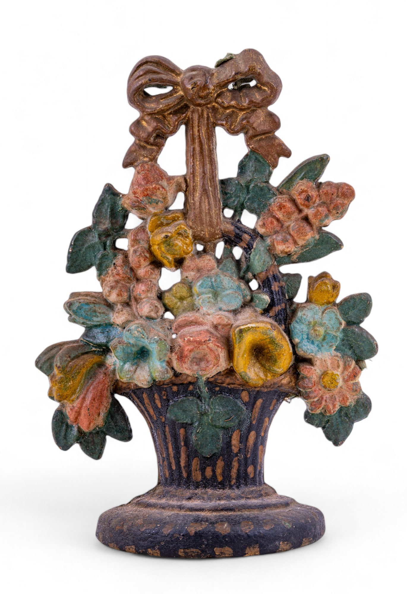 Cast Iron Door Stop Bouquet Shape: Relief style cast iron early vintage door stop, paint is chipped, 10".