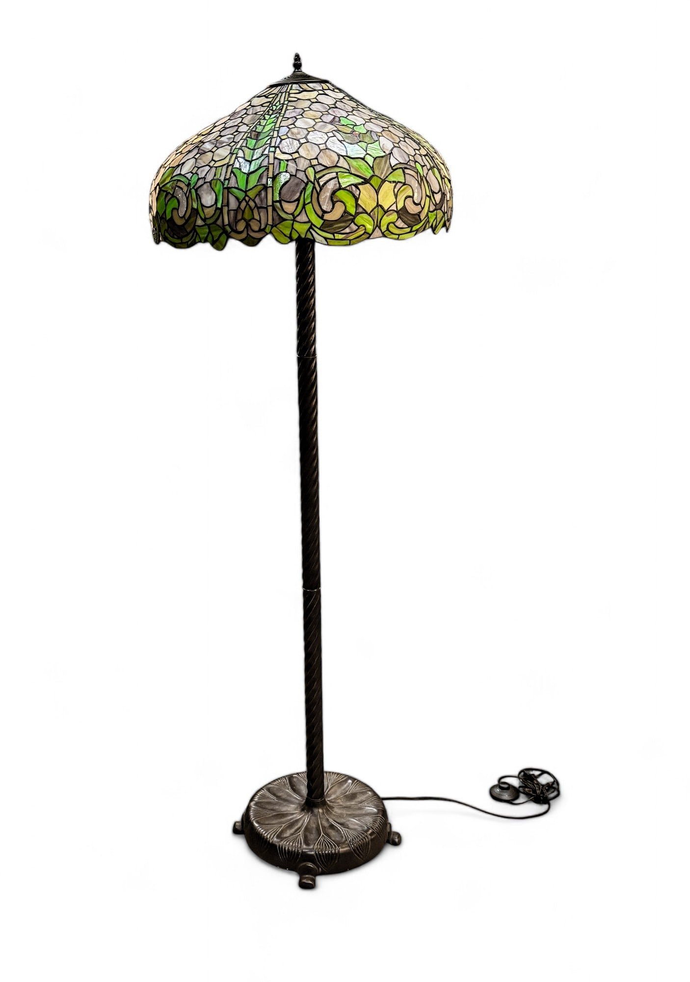 Metal Floor Lamp W/ Stained Art Glass Shade: Designed metal floor lamp w/ stained art glass botanical shade. Shade is approx. 2' in diameter & 12" tall. Lamp is approx. 5' 8" to the top of finial.