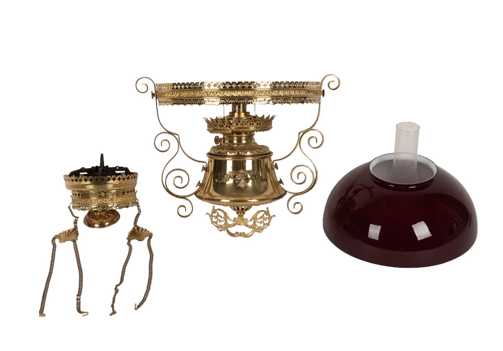 Antique Hanging Brass Kerosene Lamp + Shade (1 of 14)