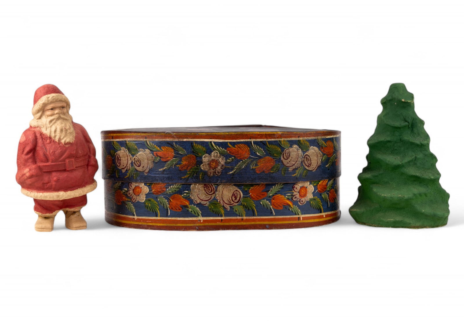Antique Painted Band Box & Vintage Santa, Tree (1 of 13)