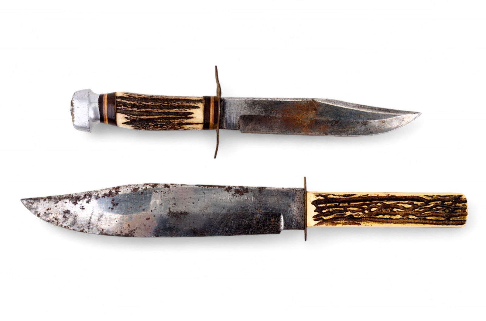 German Made Bowie Knives: 15.25" L marked "Original Bowie Knife" and "Solingen, Germany - 13139" with celluloid handle and brass guard; blade has hallmark of fist holding 3 arrows and has oxidation. 12.25" L marked "Hoffritz -