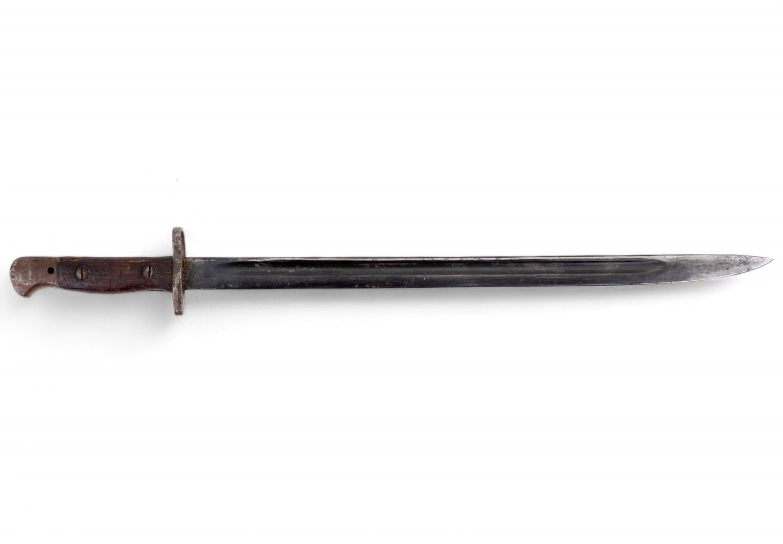 WWI British Bayonet: WWI British bayonet approx. 22" long. Bayonet is marked w/ a crown & Wilkinson 190/8 (for the Enfield rifle). There are also markings on the other side of the ricasso (see photos). Scabbard is absent.