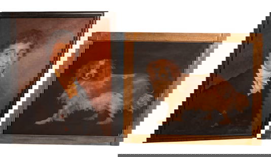 (2) Oil/Canvas After George Stubbs & Joseph Wood: Master copy paintings: Oil on 22" W x 28" H portrait of Francis Scott Key after Joseph Wood signed "Thatcher" LR with unattached frame. Oil on 28" W x 22" H canvas of a King Charles Spaniel after Geor