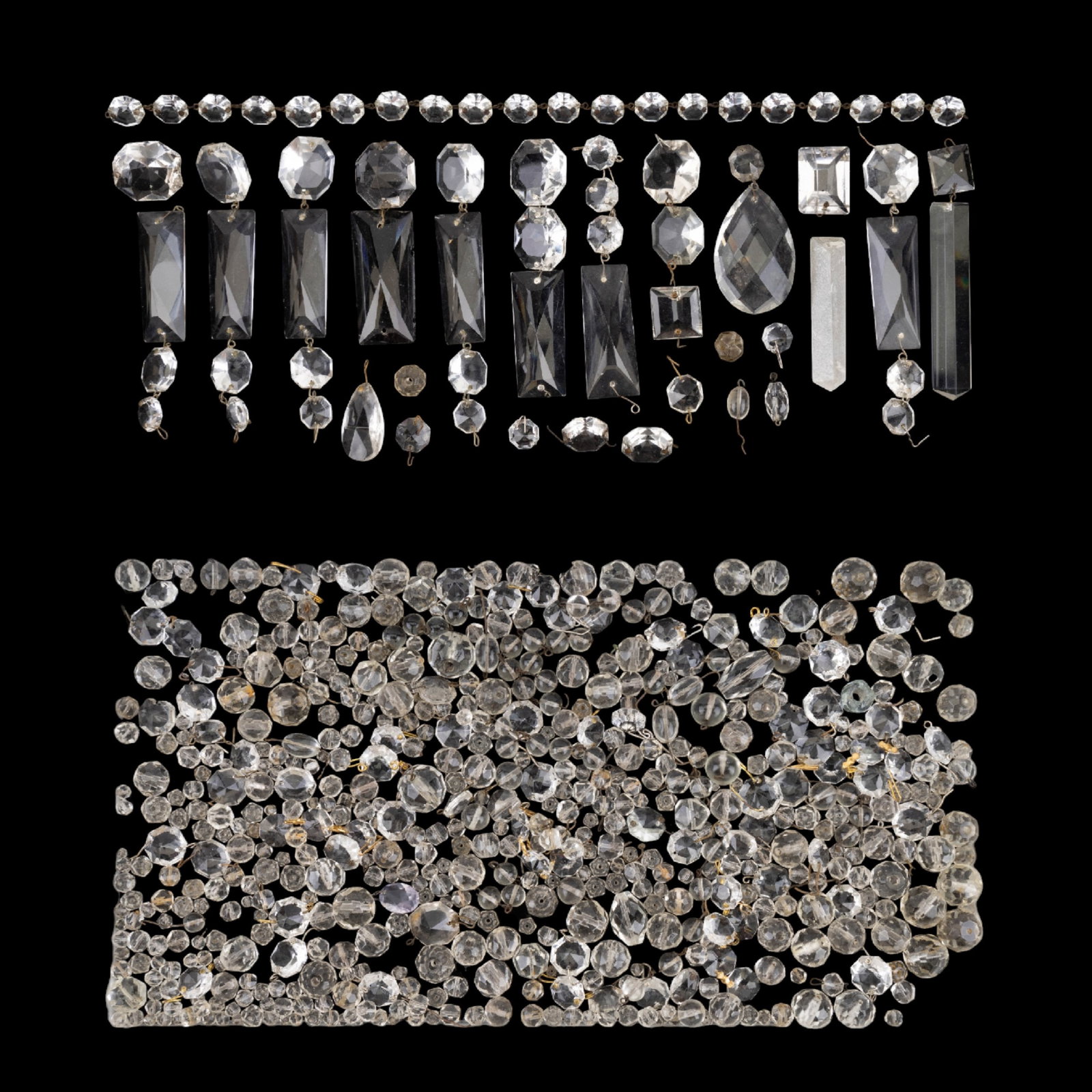 Chandelier Crystal Pieces (200+): Assorted collection of individual and connected pieces or ball, spear, and pendalog shapes.