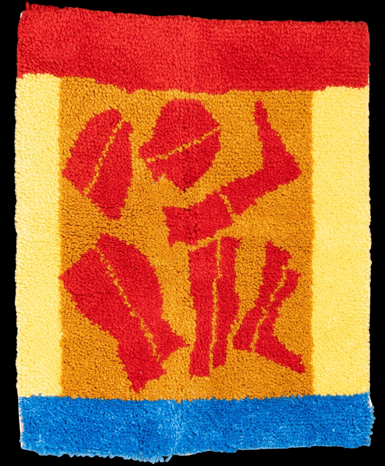 "Falling Man" Latch Hook Rug After Ernest Trova: A "Falling Man" latch hook rug inspired by the work of Ernest Trova (1927-2009). The falling man was a humanoid figure seen in many of Trova's creations, a symbol for humanity hurtling into the future