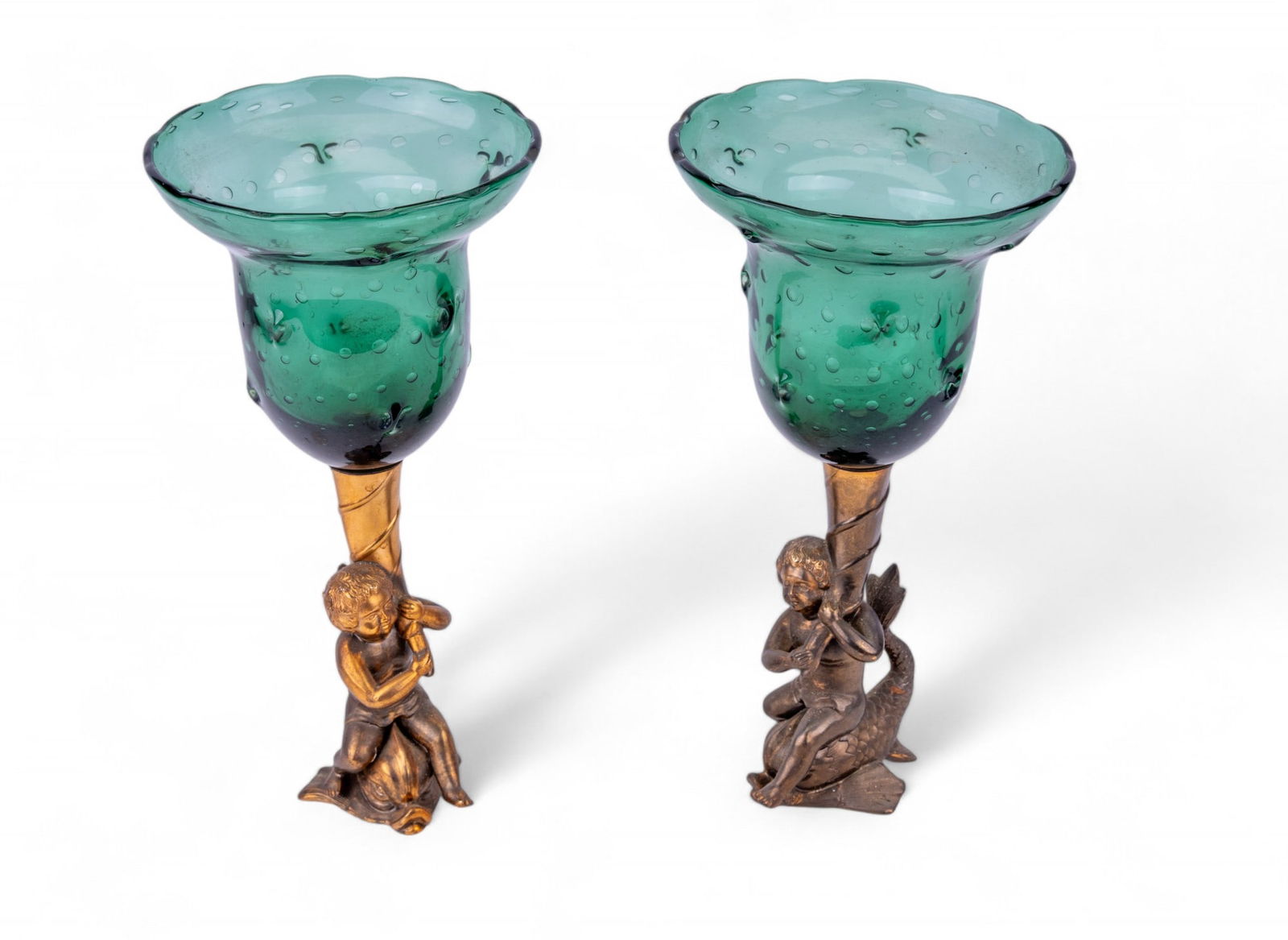 Brass Cherub & Koi Fish Emerald Glass Dishes (2) (1 of 9)