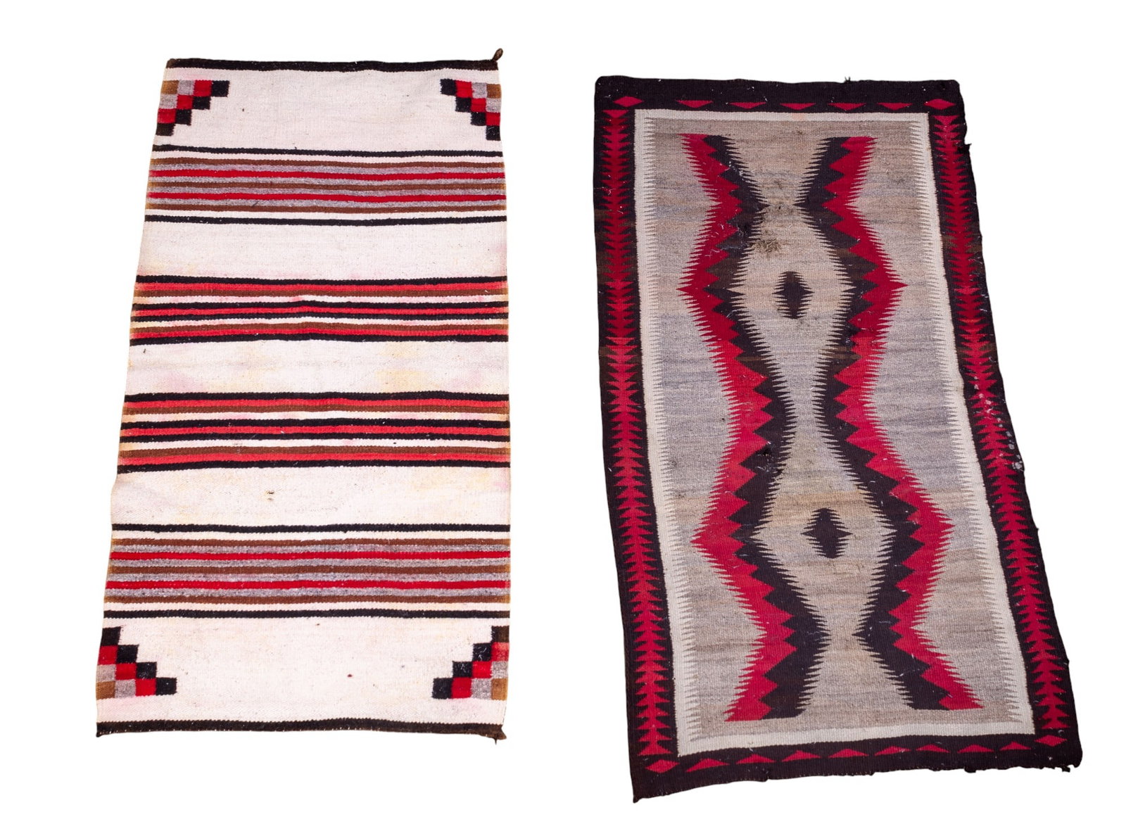 2 Navajo Rugs w/ Saddle Bag: 2 Navajo rugs approx. 36" x 59" w/ saddle bag. All items complement each other. *All rugs are used & come from fine estates. Keystone Auctions does not clean the rugs, and they may require a more thor