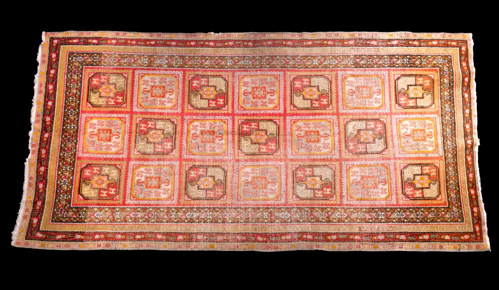 Antique Turkish Rug: Antique Turkish rug w/ bright orange, yellow & pink coloration, measuring approx.10'4" x 5'3". *All rugs are used & come from fine estates. Keystone Auctions does not clean the rugs, and they may requ