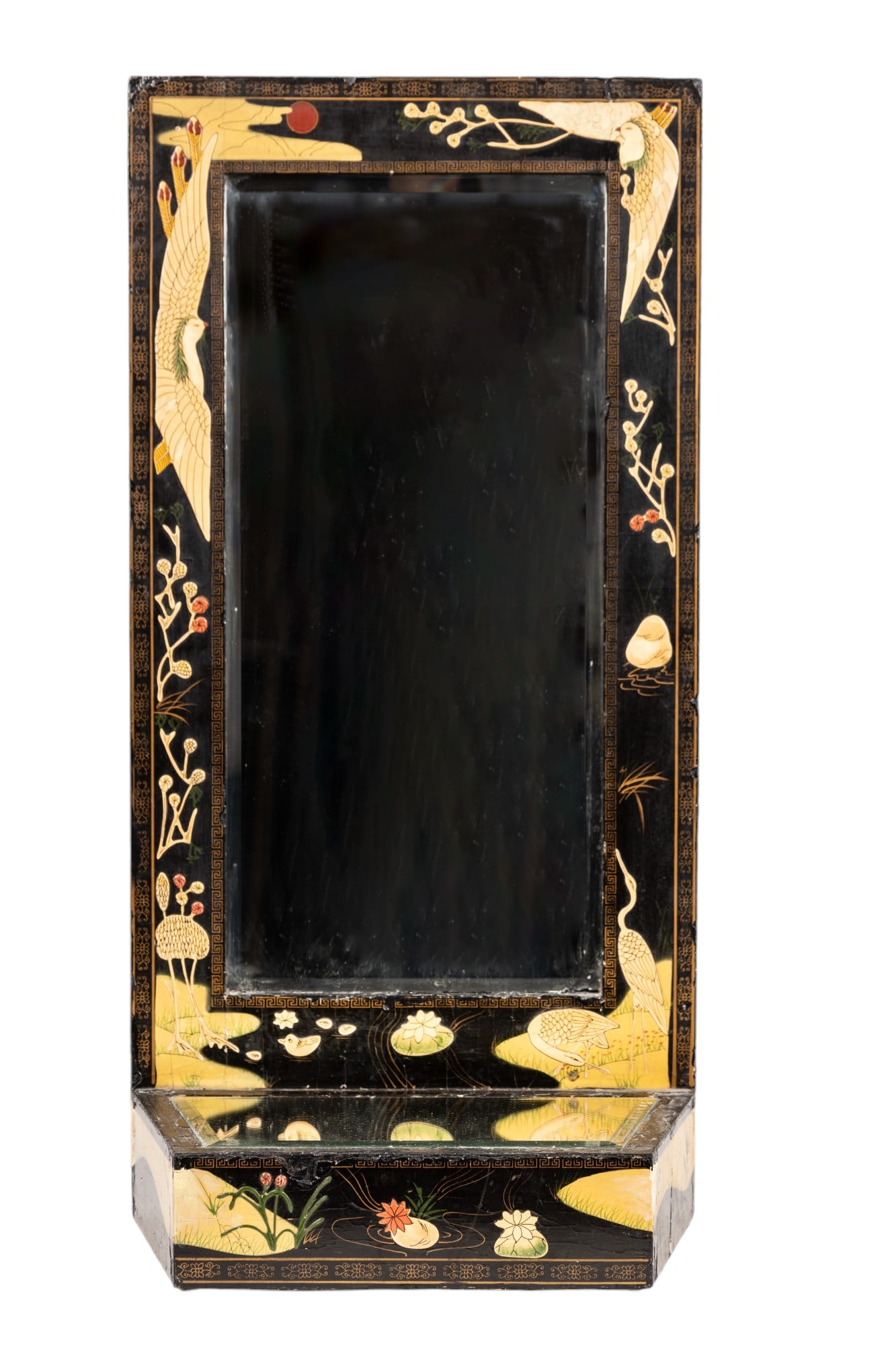 Lacquered Mirror of Peace and Tranquility: Franklin Mint "The Mirror of Peace and Tranquility" lacquerware with hand painted bird and floral imagery and gold toned accent borders. Vertical mirror has been replaced; paint loss and craquelure ex