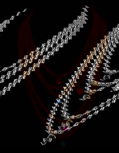 Yves St. Laurent Designer Goossens Necklaces: 'YSL' Yves St Laurent gold-tone multi-strand chain necklace designed by Robert Goossens with multicolored crystals and signature 'S' closure.