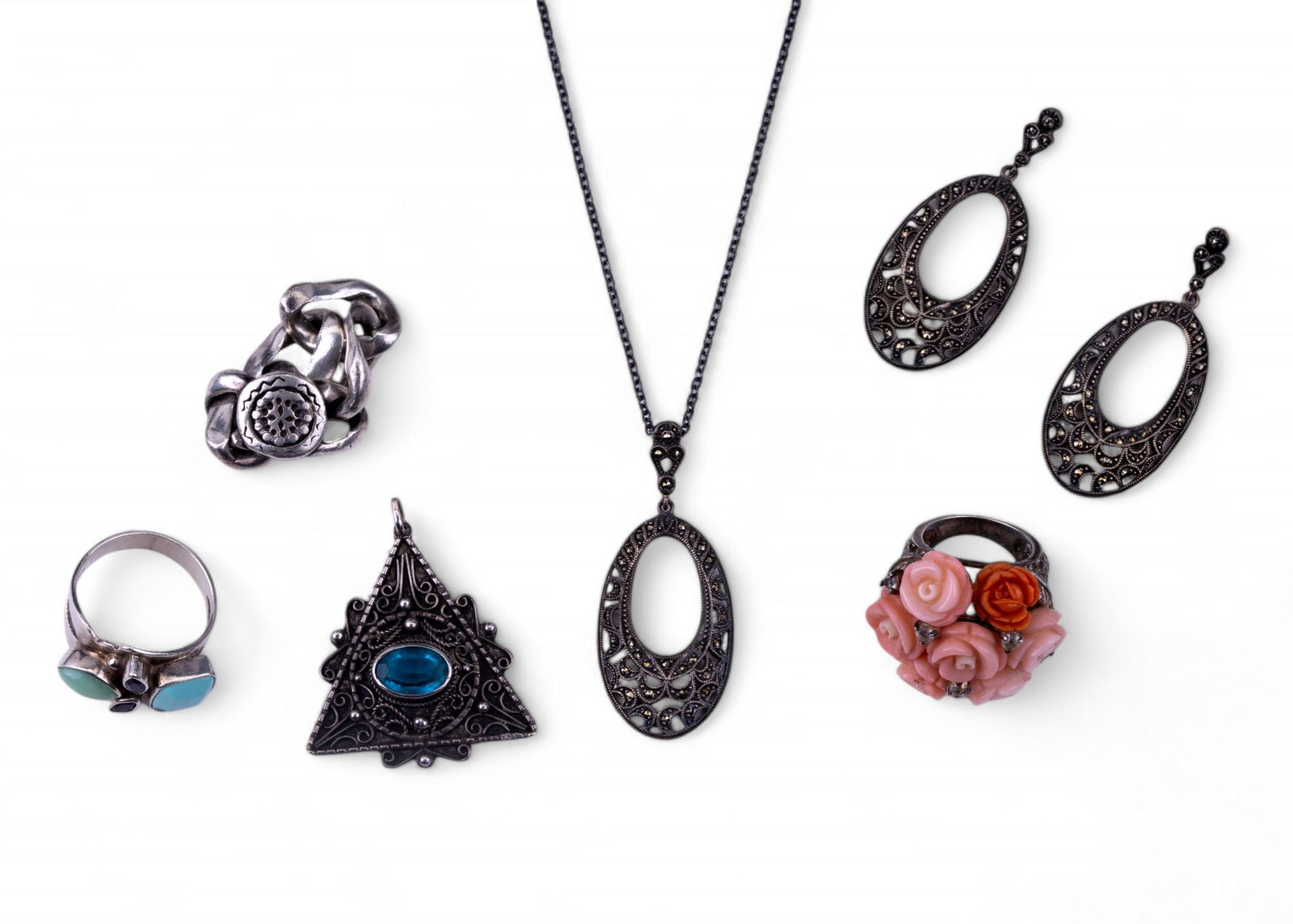 Sterling Marcasite Necklace w/ Earrings + Rings (1 of 13)