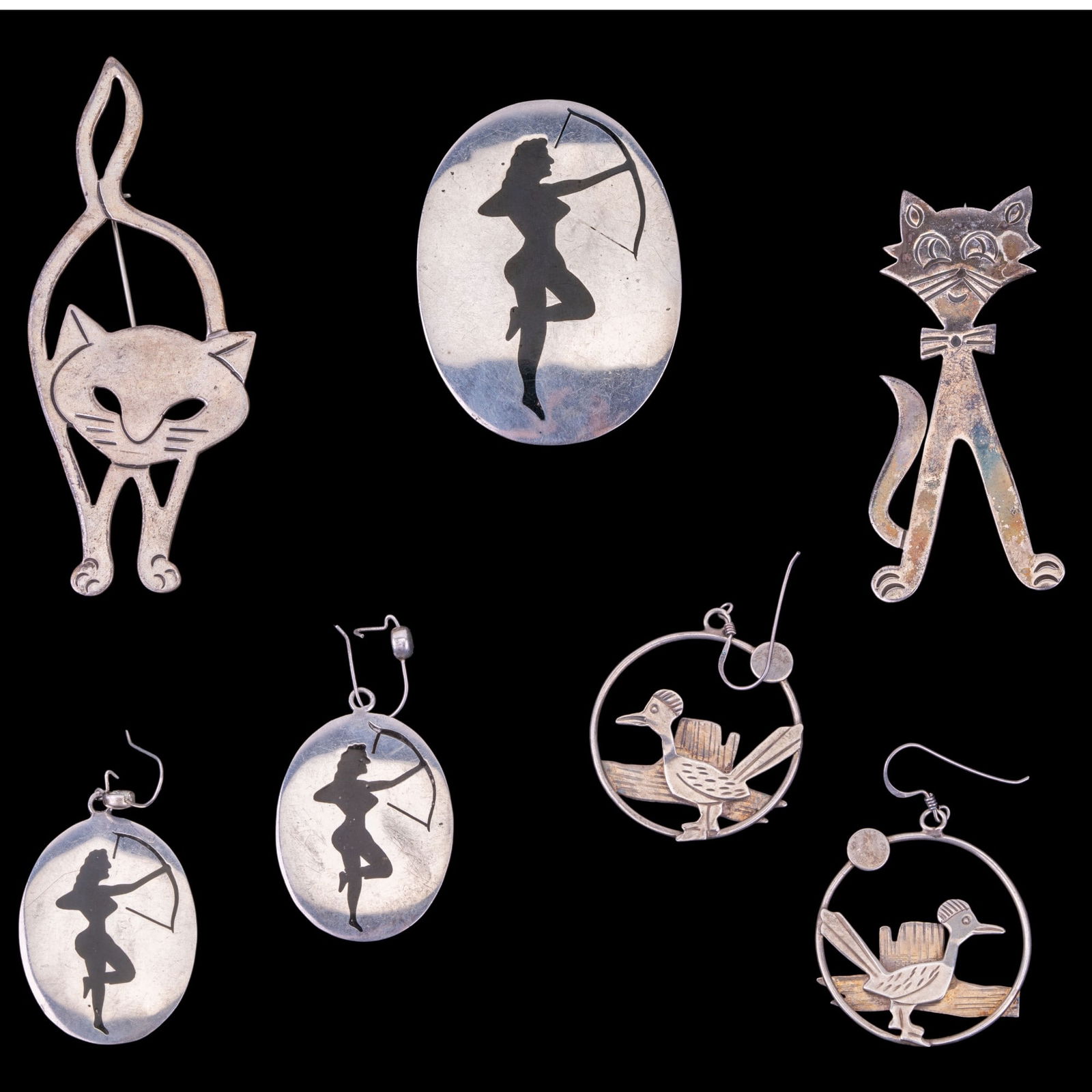 Mexico Sterling Silver Brooches & Earrings (7 Pcs) (1 of 10)