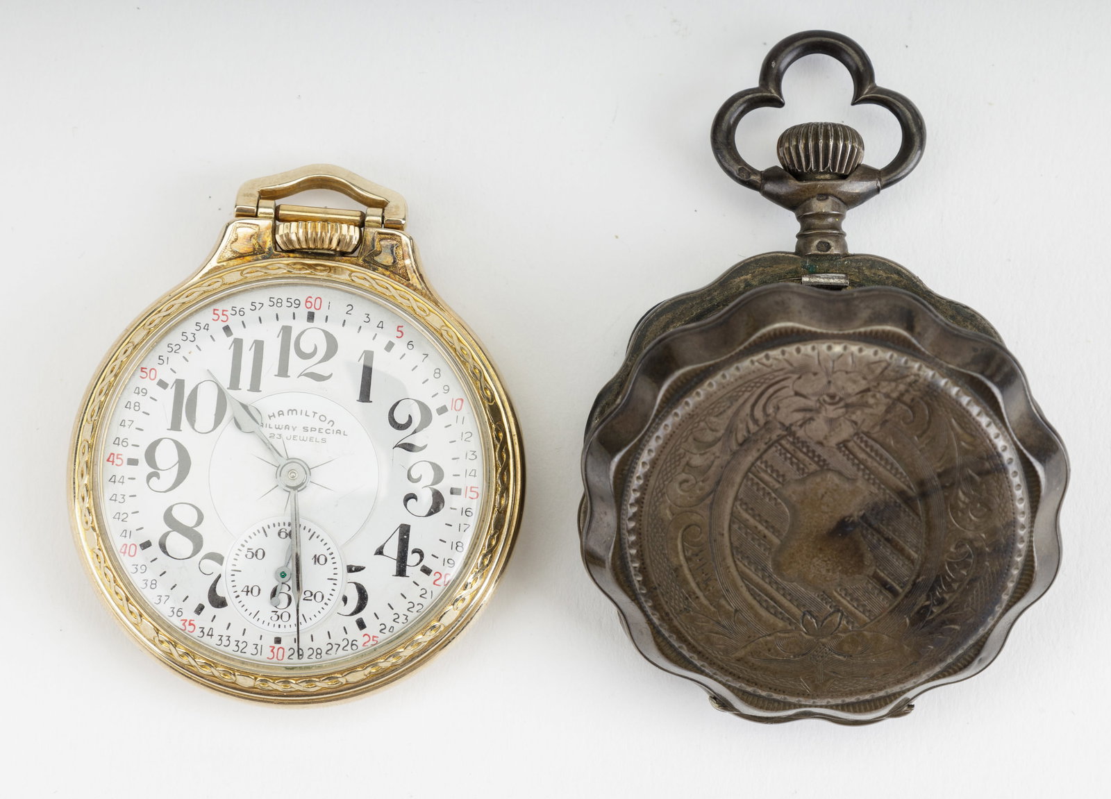 Hamilton Railway and 1895 French Pocketwatches: Hamilton Watch Co., Lancaster, PA railway special 21 jewel 992 movement double roller with five adjusted positions #1374458, case back (screw on) marked gold filled 10K R977473 Star W.C. Co. pocketwat