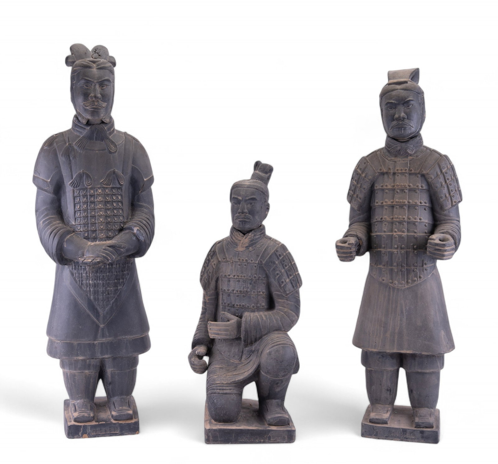 Chinese Terra Cotta Warriors After (3): 3 terra cotta Chinese tomb warriors after Qin dynasty in standing and kneeling poses with removable heads; tallest measures approx. 28.5" H and all have repairs (see photos). The taller one with open 