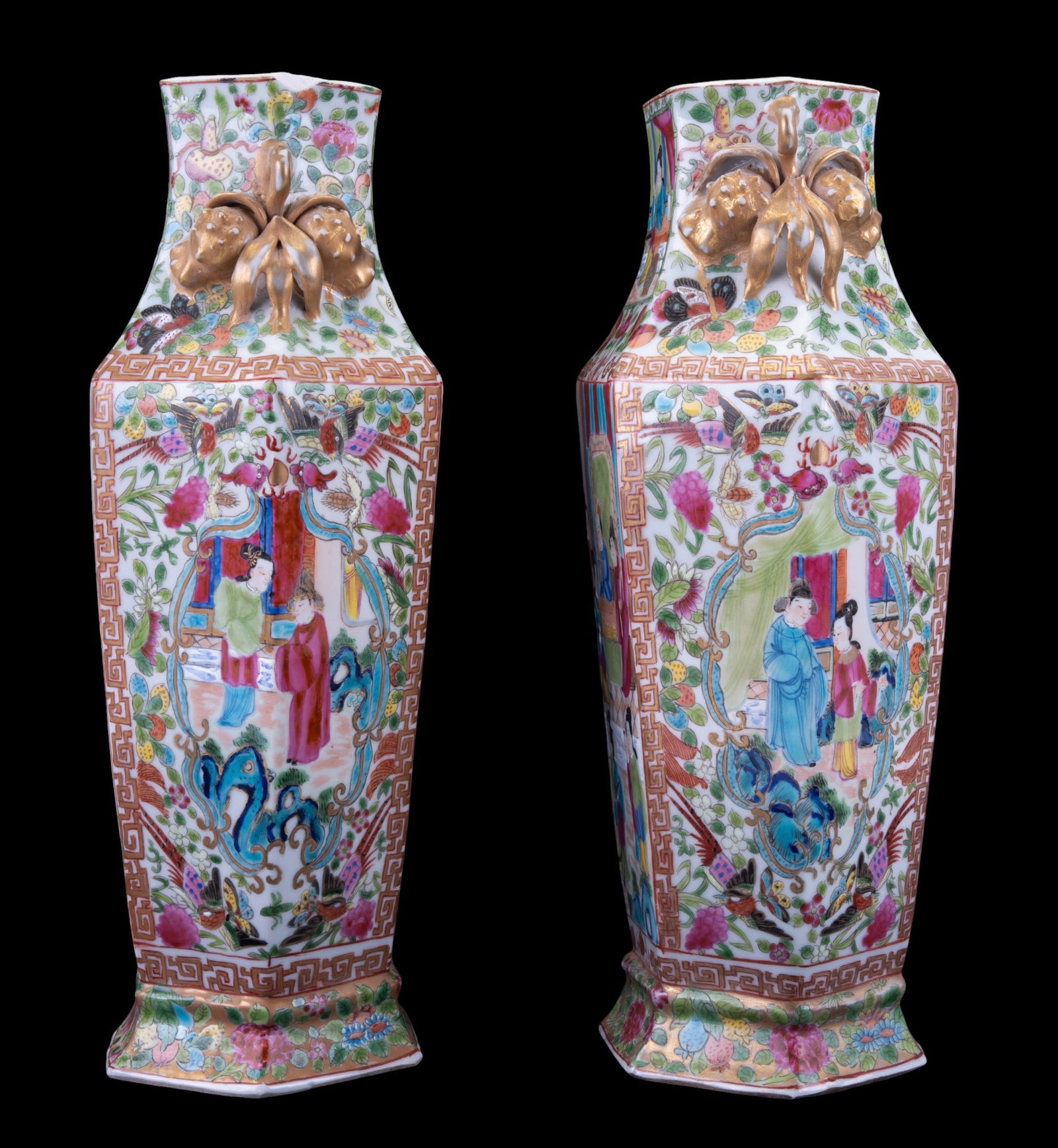 19th C. Chinese Rose Mandarin Hexagonal Vase Pair (1 of 11)