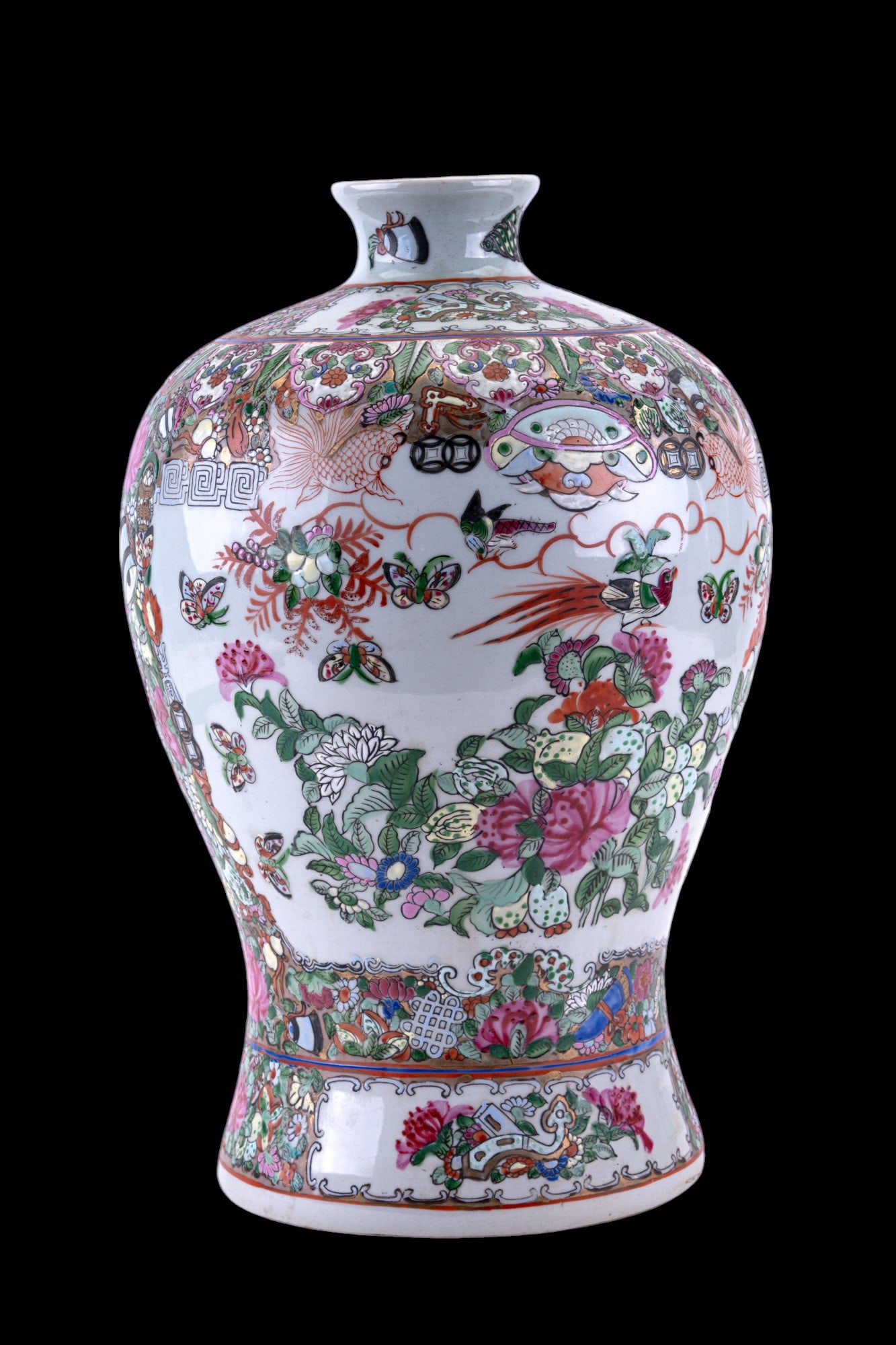 Chinese Famille Rose Porcelain Vase: Chinese Famille rose porcelain vase marked on bottom w/ a slightly-faded zhuanshu archaic script seal mark. Piece features a variety of botanical, butterfly, bird, fish, & other motifs. Design depicts