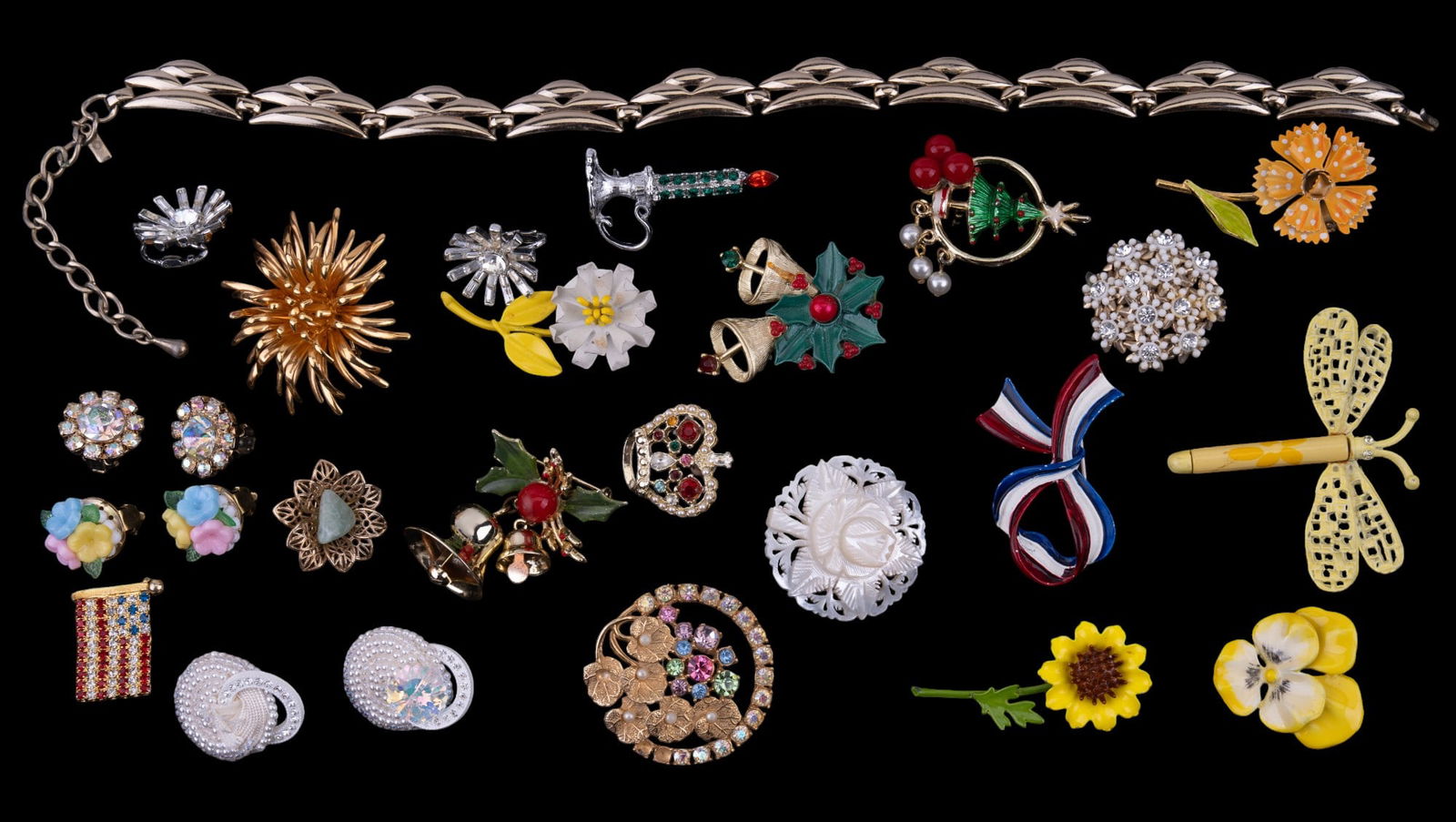 Coro and Vintage Estate Jewelry: Coro earrings, Xmas, dragonfly, assorted brooches, floral, tree of life motif earrings, and more.