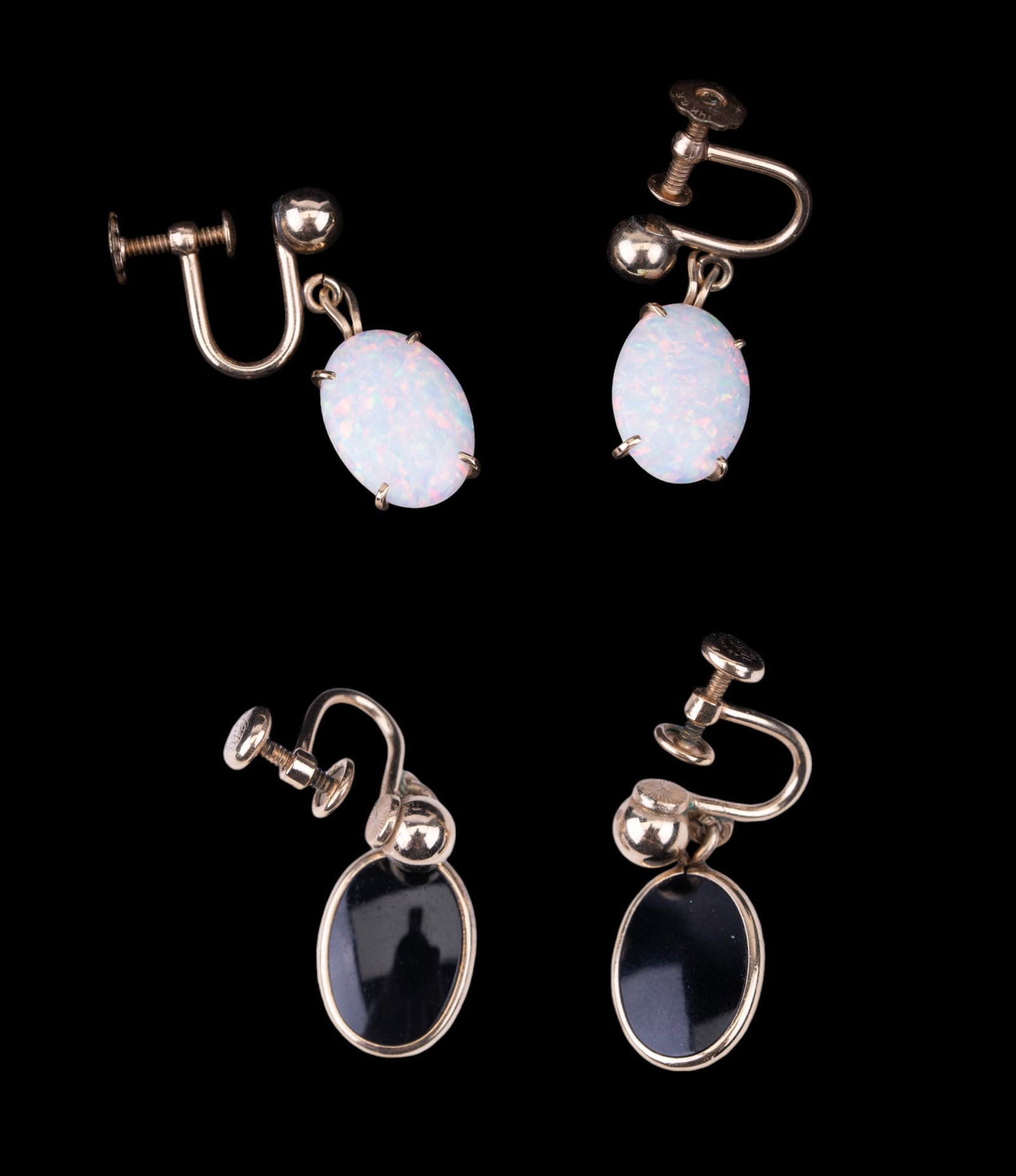 Opal and Onyx Vintage Earrings: Gold fill Van Dell onyx pair drop screw backs and opal gold fill screw backs.