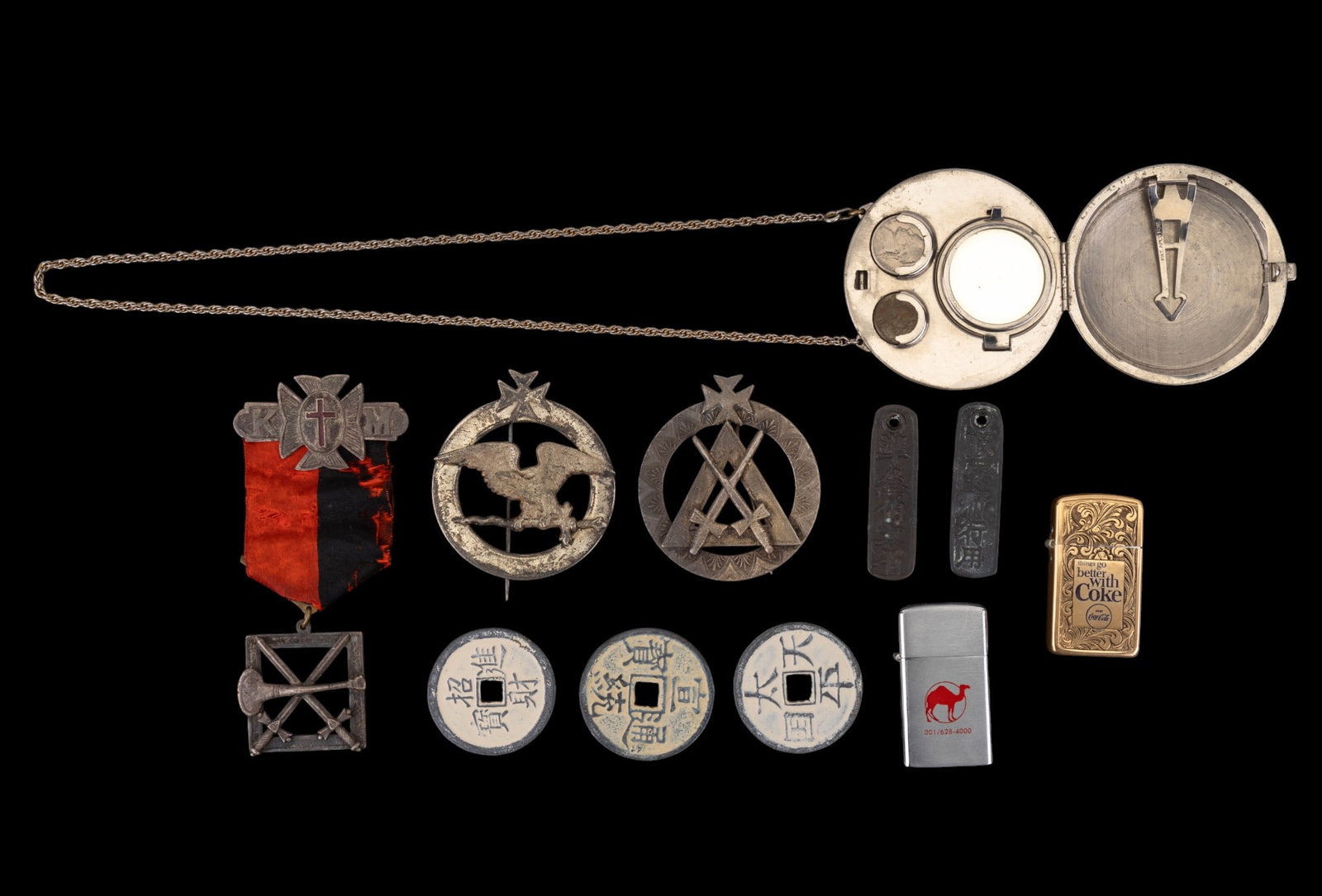 Coin Purse, Chinese Tags, WWI Pins, & Lighters (1 of 12)