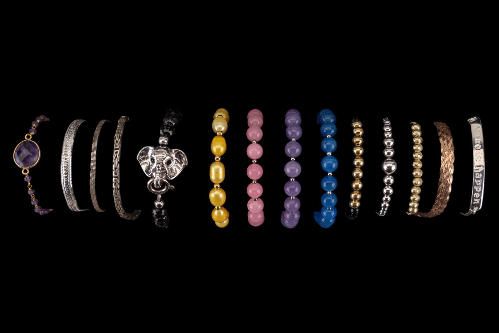 Sterling and Other Bracelets (14): 9 sterling silver drawstring-style sterling silver bracelets, 1 w/ yellow freshwater pearls, 1 w/ rose plating, 3 w/ colored glass beads, & 4 others. Other sterling bracelets are a delicate amethyst &