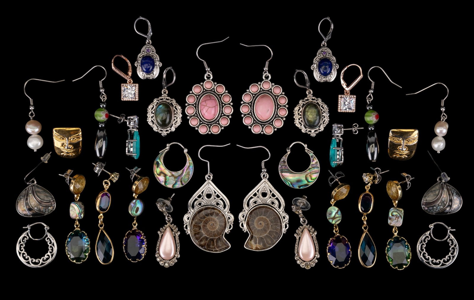 Costume Jewelry Earrings (16 Pairs): 16 total pairs of costume jewelry earrings. Accents include mother-of-pearl, magnetic beads, polished fossil, labradorite, freshwater pearl, pink howlite, & possibly lapis & amethyst. See photos for f