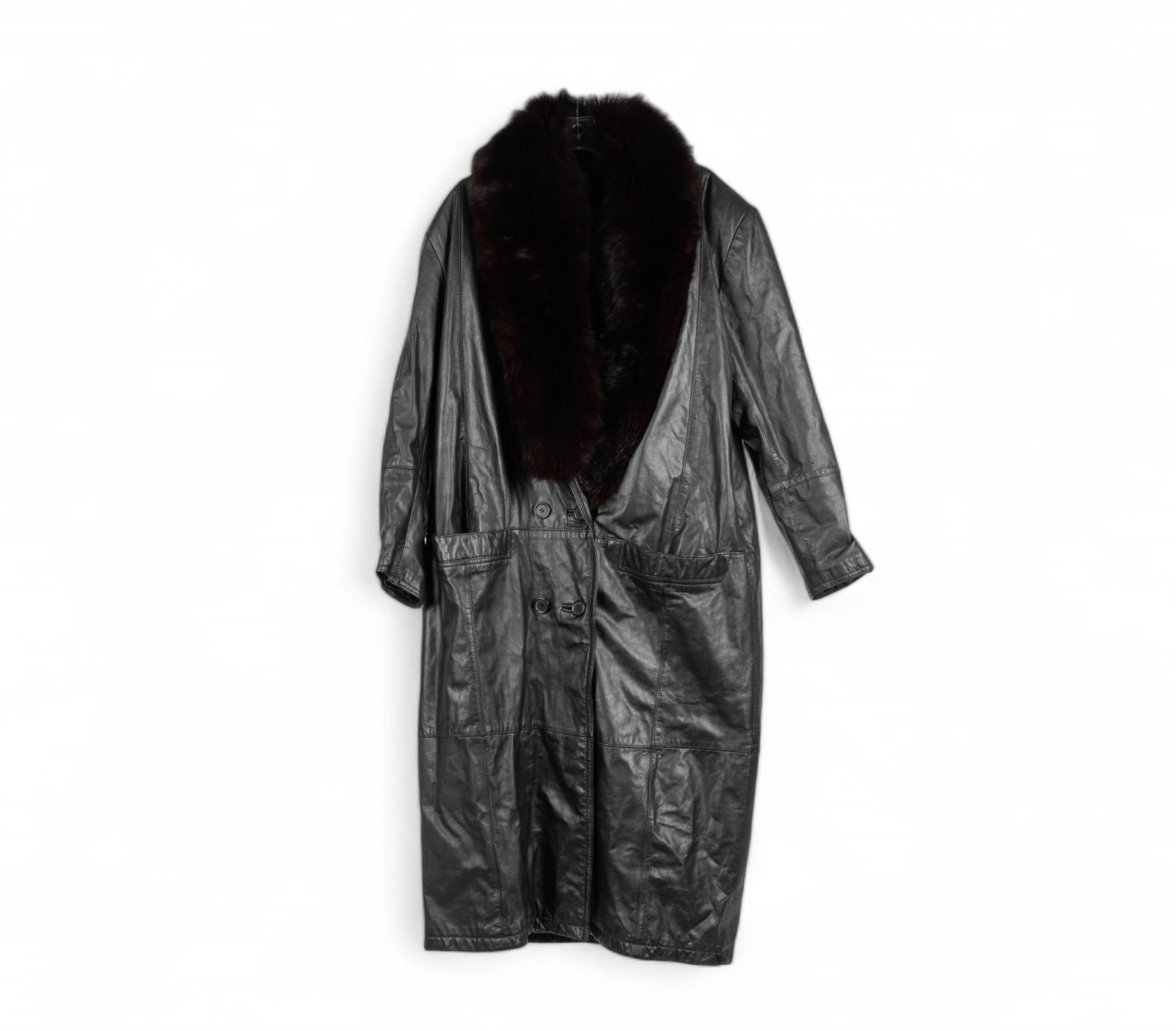 Black Long Leather Coat with Fur Collar (1 of 10)