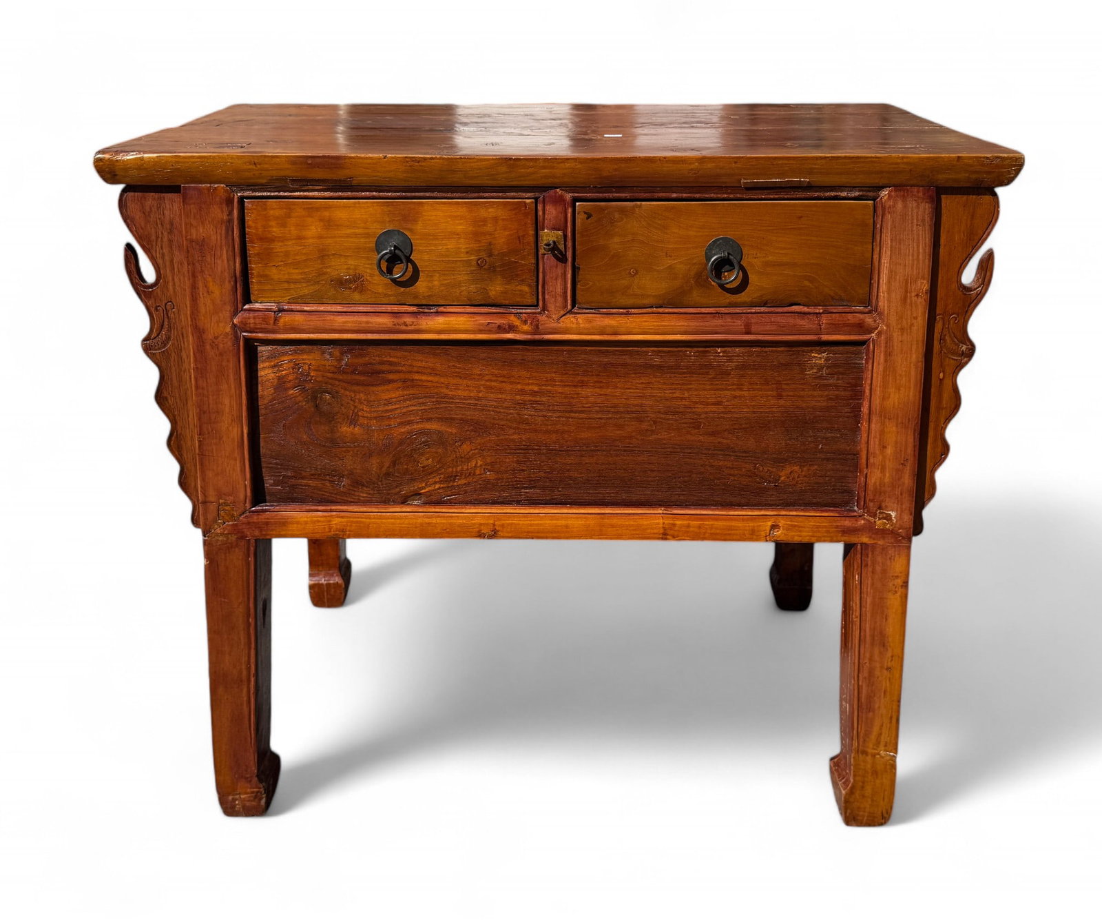 Chinese 2-Drawer Server w/ Carved Accents: Chinese 1-drawer server w/ mortise & tenon joints. Piece measures approx. 30" tall, 35" wide, & 18" deep. See photos for further details. ***Note: All furniture must be picked up or shipped within 5 b