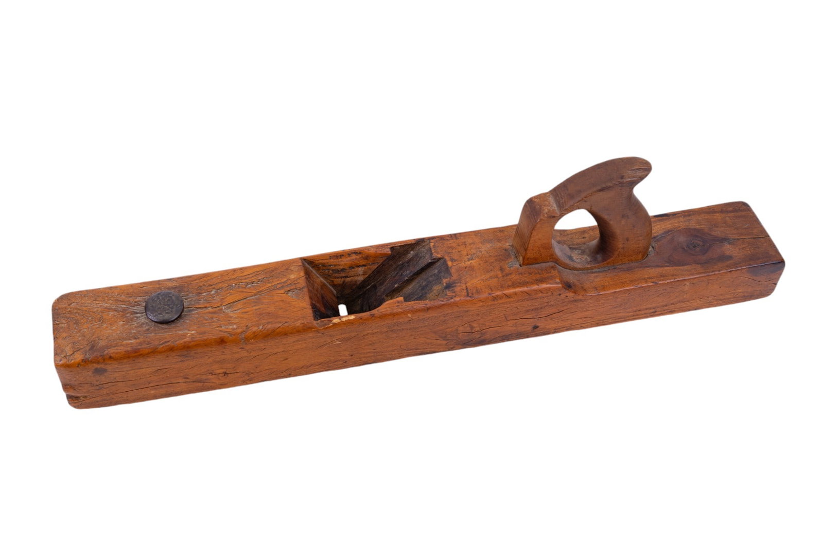 Antique Rustic Walnut Plane: Antique rustic walnut plane with exposed grain measuring approx. 22" L. Plane is missing wedge and has wear and loss consistent with age and use.