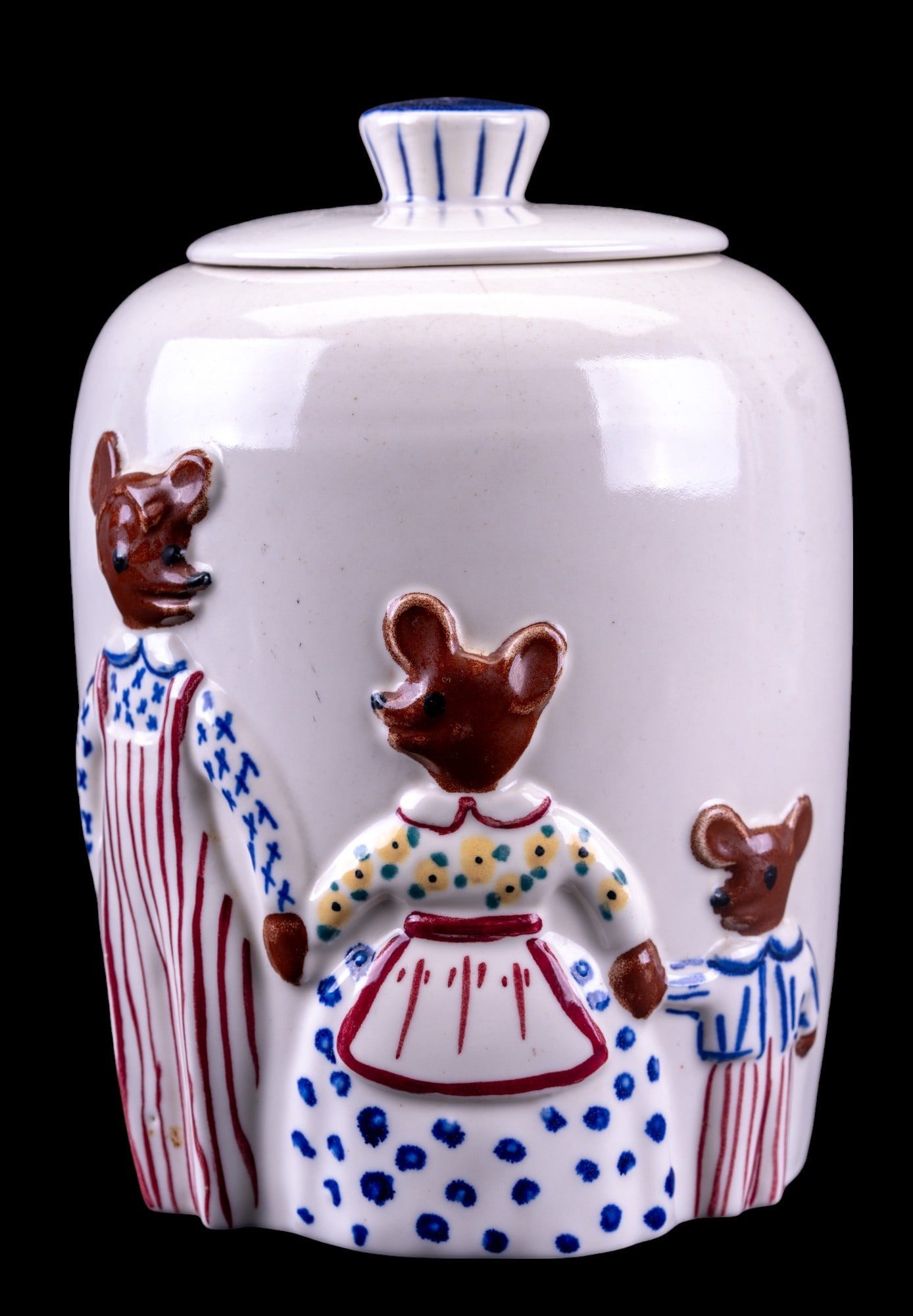 1950s Abingdon Three Bears Cookie Jar: 1950s Abingdon three bears cookie jar measuring approx. 8.5" H; has repair on lid and one harline at top. . Stamped "Abingdon U.S.A." and marked "969" on bottom.