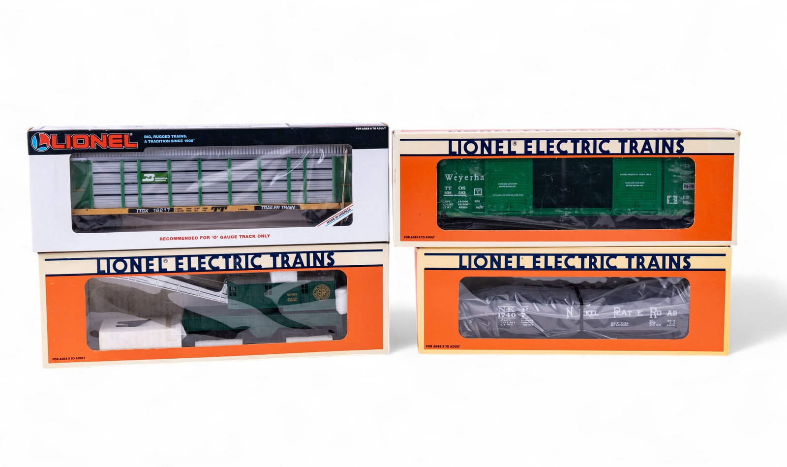Lionel NIB 3 O-Scale Freight and 1 Southern Crane: Lionel New #6-16217 Burlington Northern Auto Carrier, Lionel New #6-52010 1993 T.T.O.S. Convention Car, Lionel New #6-19405-Southern Six Wheel Crane Car, New Lionel #6-17407 Nickel Plate Road Gondola 
