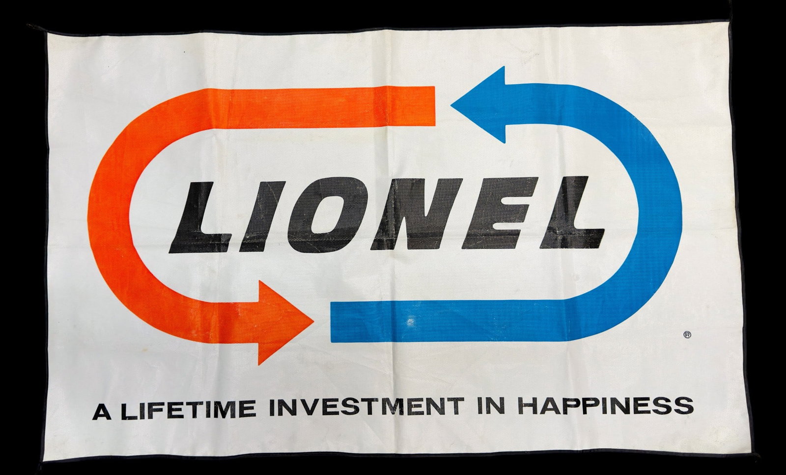 1966 Lionel Dealer Banner - Sign: Here is an original 1966 Lionel Dealer Store Banner - "A Lifetime Investment in Happiness". The banner is in great shape for 58 years old. Nice bright colors. The banner is around 2' X 5'. Made in the