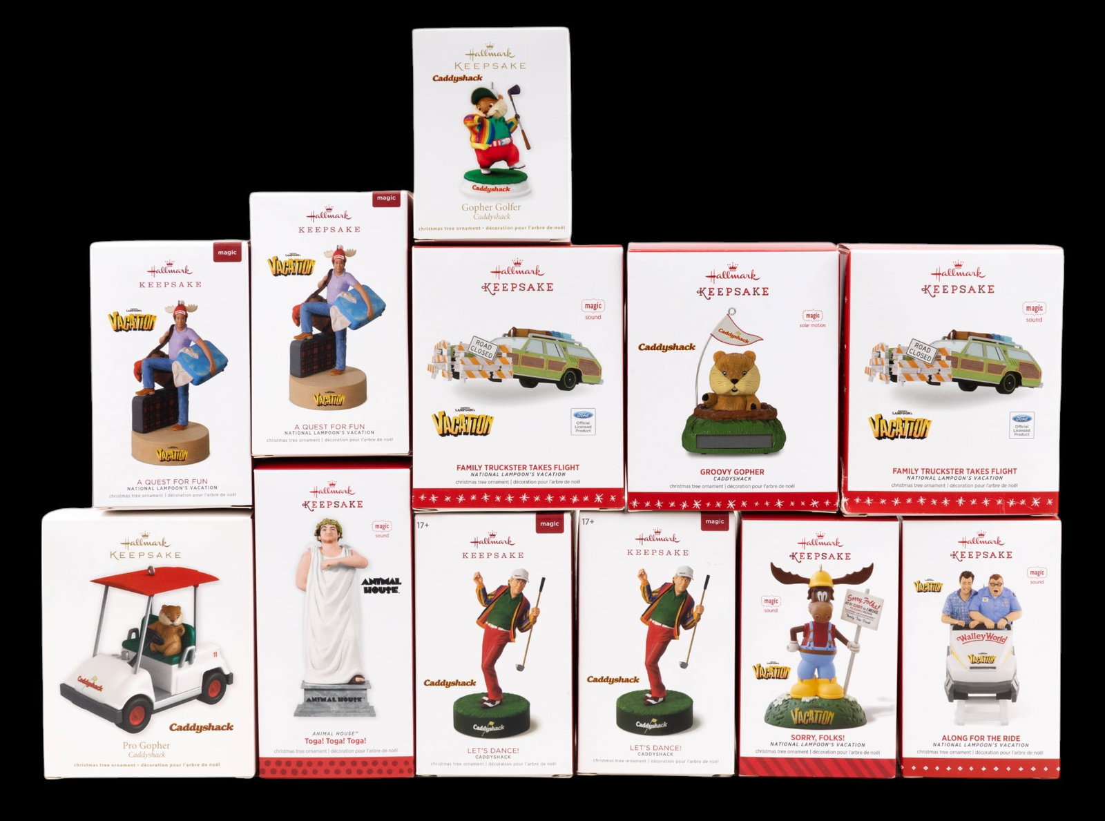 Hallmark Keepsake National Lampoon Ornaments w/OB: Animal House 'Toga! Toga! Toga!' (2013), quantity of two of 'The Family Truckster Takes Flight' (2016), 'Along For the Ride' (2015), 'Sorry, Folks!' (2014), and a quantity of two of 'A Quest for Fun' 
