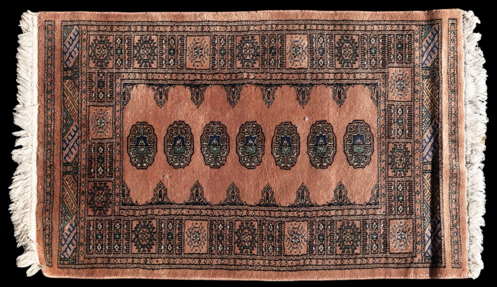 Bokhara Rug: Bokhara rug approx. 2'7" x 4'6" w/ clay red, blue, green, black, brown, ivory & tan patterns w/ geometric & floral motifs. *All rugs / carpets are used & come from fine estates. Keystone Auctions does