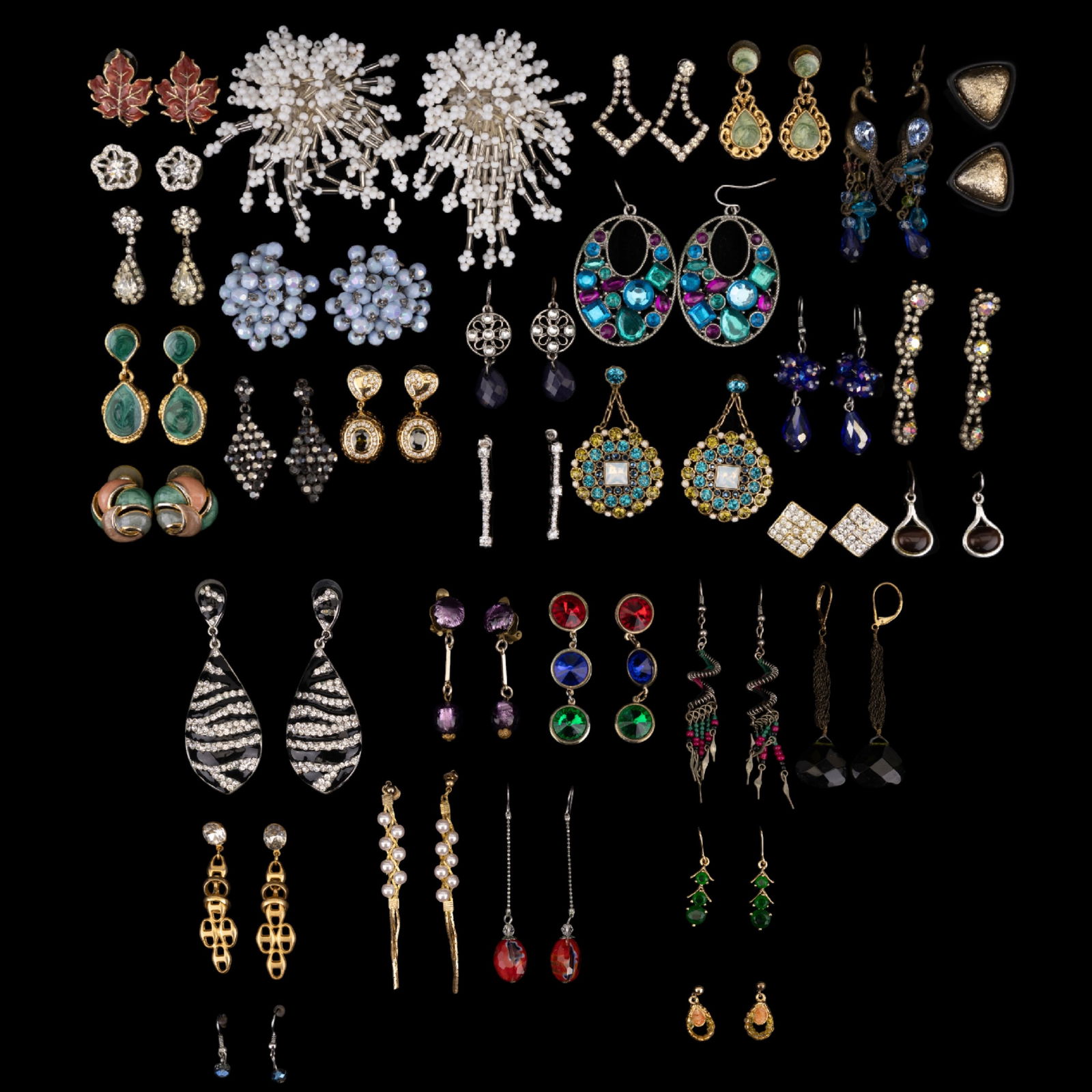 Vogue, Givenchy, Rhinestone, & Other Earrings (31): 31 total earring pairs, including Vogue marked light blue bead cluster clip earrings, Givenchy marked blue and yellow multi-color rhinestone earrings, other rhinestone earrings, enameled earrings, gla