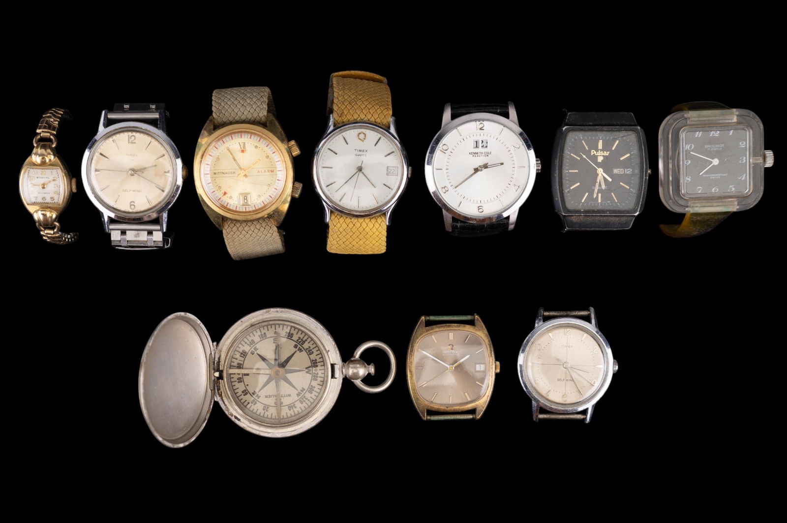 Vintage Wrist Watches: Vintage wrist watches including brands such as Timex, Wittnauer, Brichot, and Kenneth Cole. Wittnauer compass, Omega Deville face, Pulsar #340222, and ladies Bonval with 10K GF bezel on Drema stainles