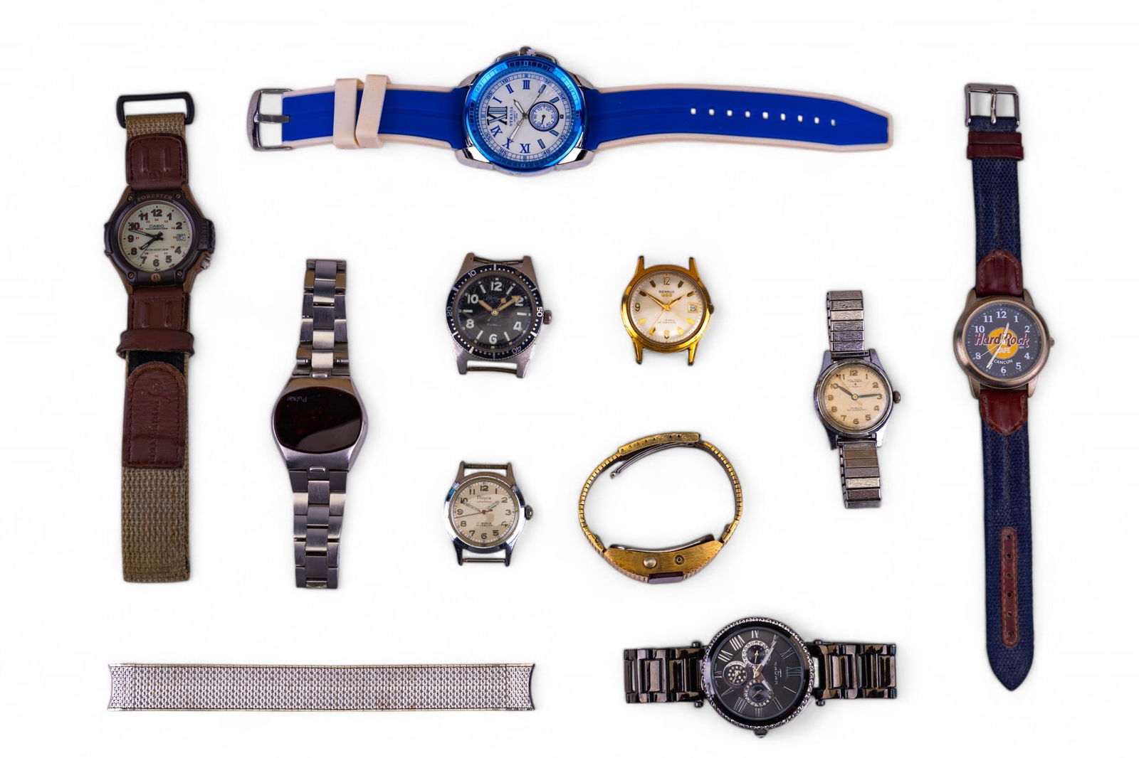 Mens Wrist Watches: Pulsar digital watch #552007, Wittnauer digital watch #24114 with 14k GE bezel, Royce watch face, Rallyist watch face #269409, Benrus face 20 micron gold electroplated, Hilton wrist watch with Speidel