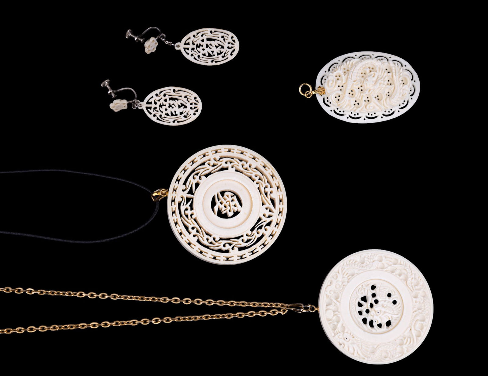 Early 20th C. Carved Lattice Pendants and Earrings (1 of 9)