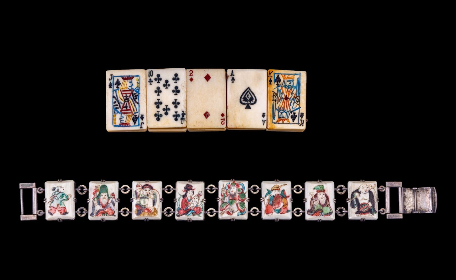 Early 20th C. Japanese Hand Painted Tile Bracelets: Early 20th century bracelet of hand carved natural material tiles with hand painted figures and silver tone clasp and links with floral engraving. Bracelet measures approx. 8". Mid 20th century hand c