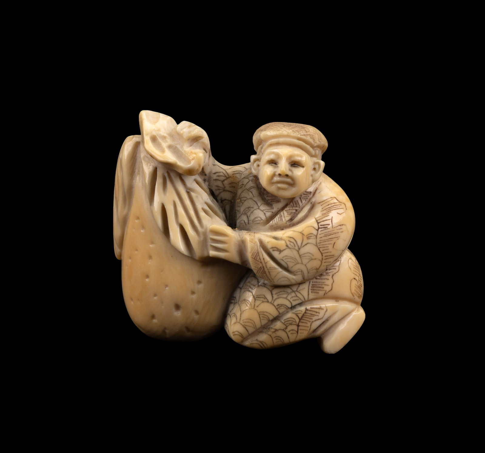 19th C. Japanese Netsuke Man w/ Bag (1 of 7)