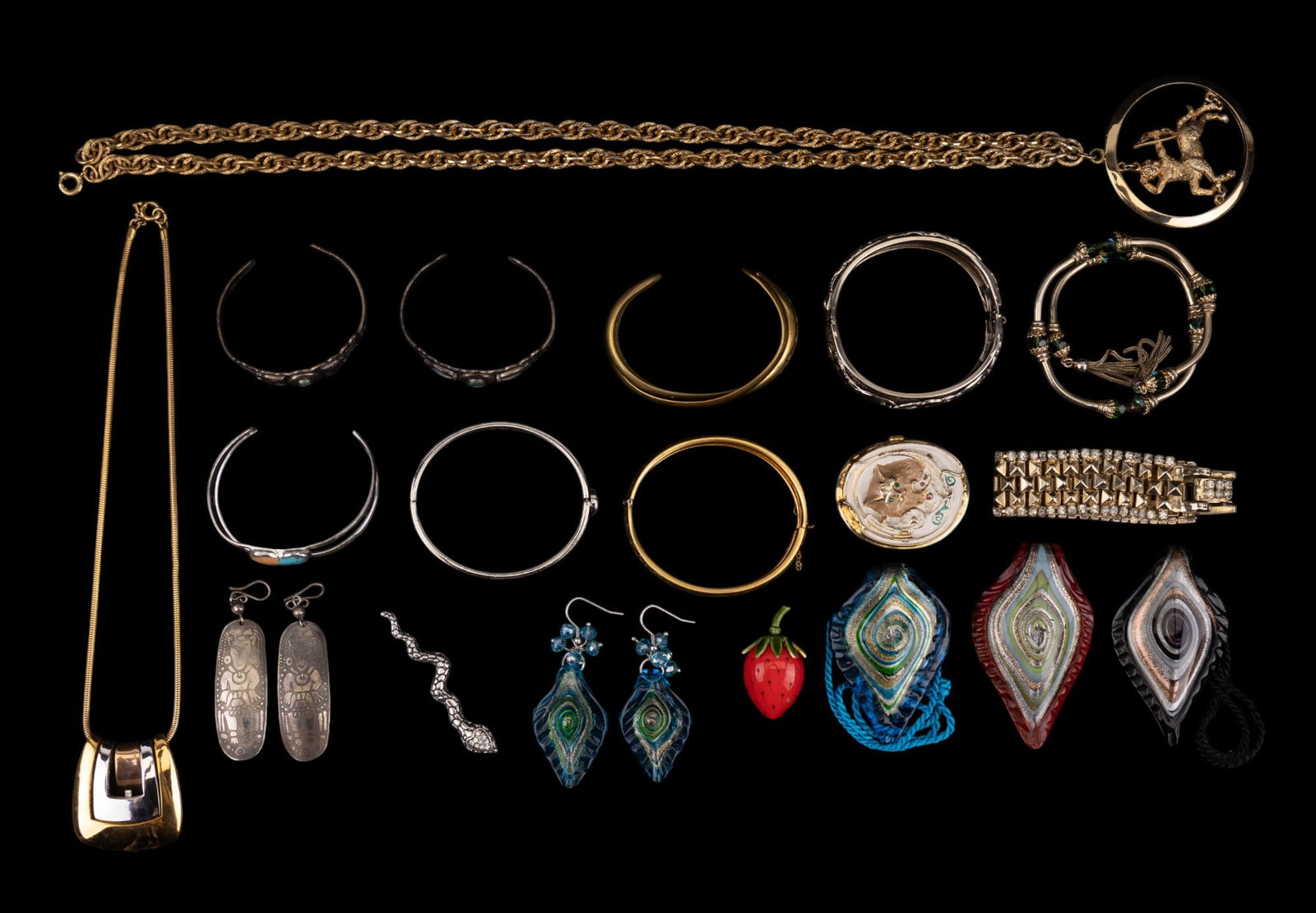 Trifari Necklace, Coach Bracelet, and More.: Gold tone Trifari necklace modern pendant, purple logo, Coach bracelet, art glass pendants, and many other pieces.