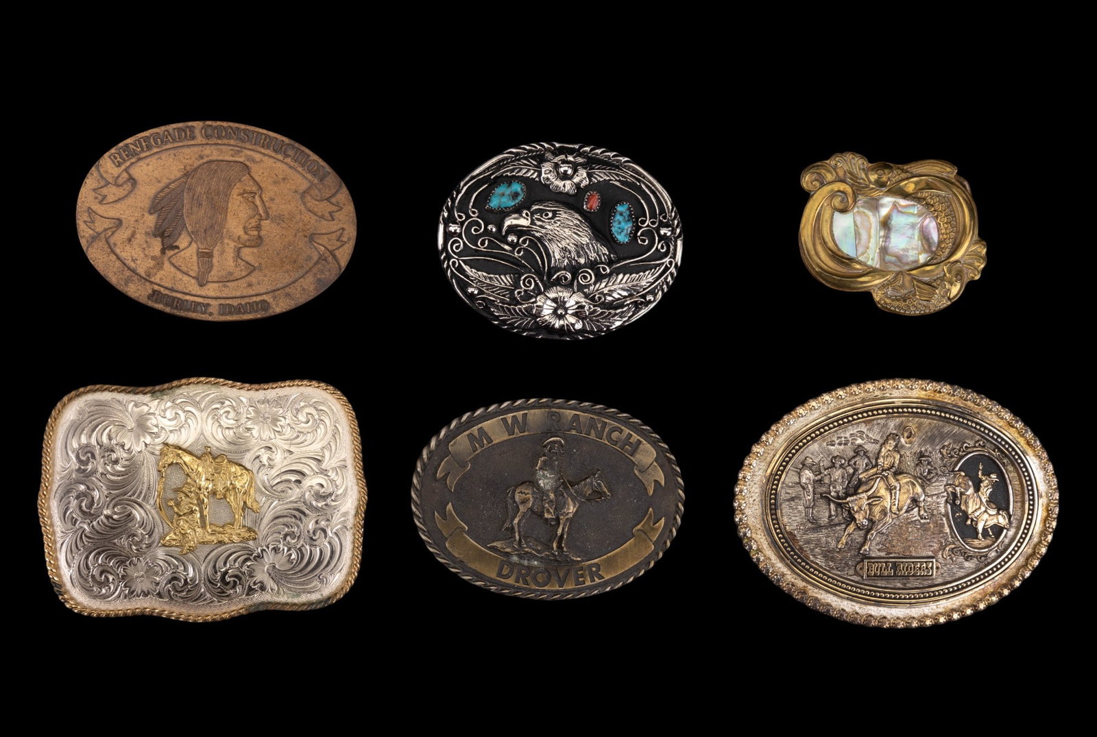 Vintage Belt Buckles (6): Brass and M.O.P. fish motif buckle, 2 Montana Silversmiths horse horse themed, signed turquoise with eagle motif, and more.