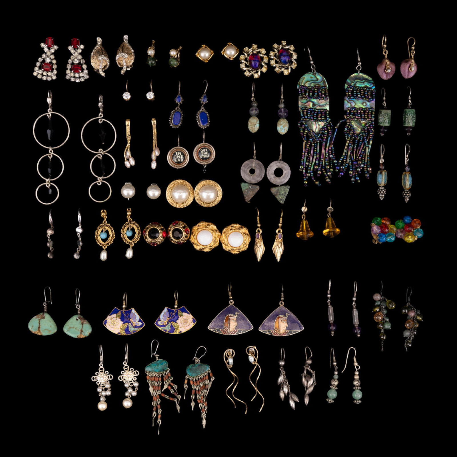 Sterling, Coro, Richelieu & Various Other Earrings: 35 total pairs of earrings, including Coro cabochon earrings, 925 sterling silver & faux pearl earrings, Richelieu faux pearl earrings, enameled earrings, hardstone earrings, & more. See photos for fu