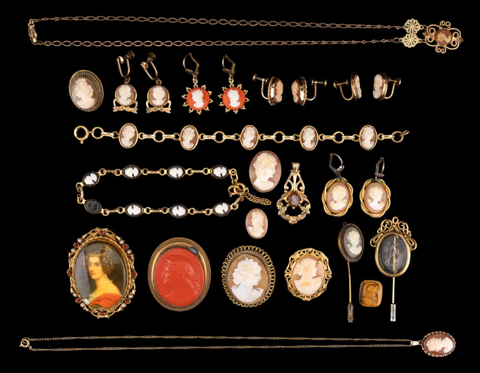 Victorian Cameo GF Earrings, Brooches, & Necklaces: Pair of 12K GF cameo screwback earrings, pair of Van Dell 12K GF cameo screwback earrings, another pair of screwback earrings, 2 other earring pairs, 2 gold tone & cameo pendant pendants, 5-cameo gold