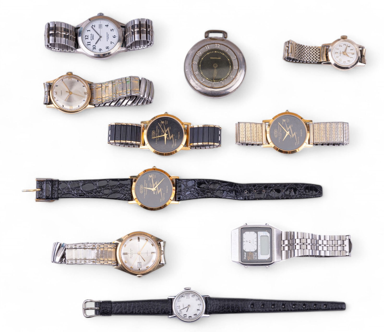 Vintage Mens Wrist Watches: Four Timex watches, three DuPont Employee commemorative watches by Images of California, Pulsar watch with digital stop watch, Acqua Idiglo watch, and a Westclox pocket watch without crown/winder. 2 T