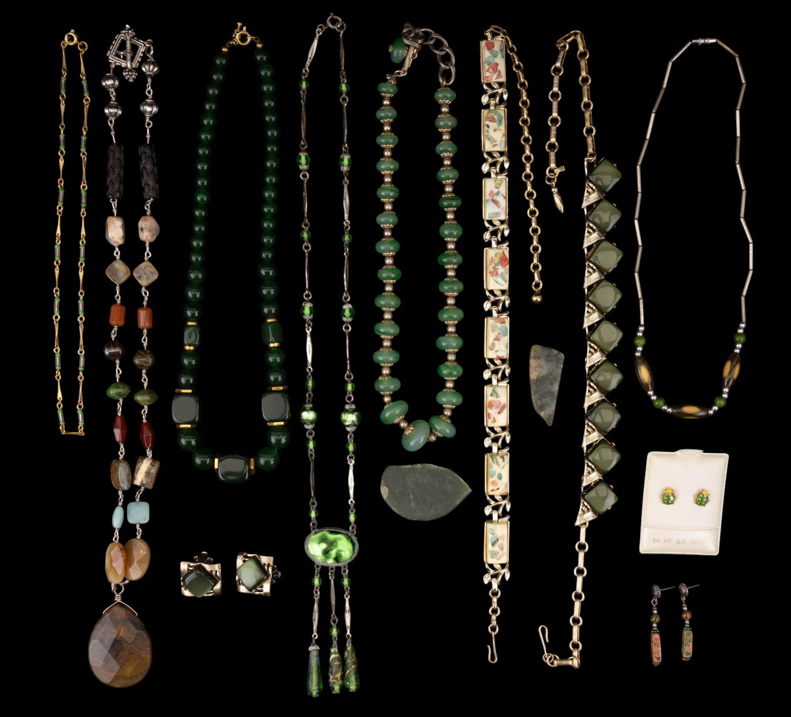 14K GF Earrings, Coro, Green & Earth Tone Jewelry: 14K GF wires green painted bug earrings, Coro olive green glass square & gold tone necklace approx. 16.5" long w/ matching clip earrings, Coro acrylic confetti necklace, emerald green-colored graduate