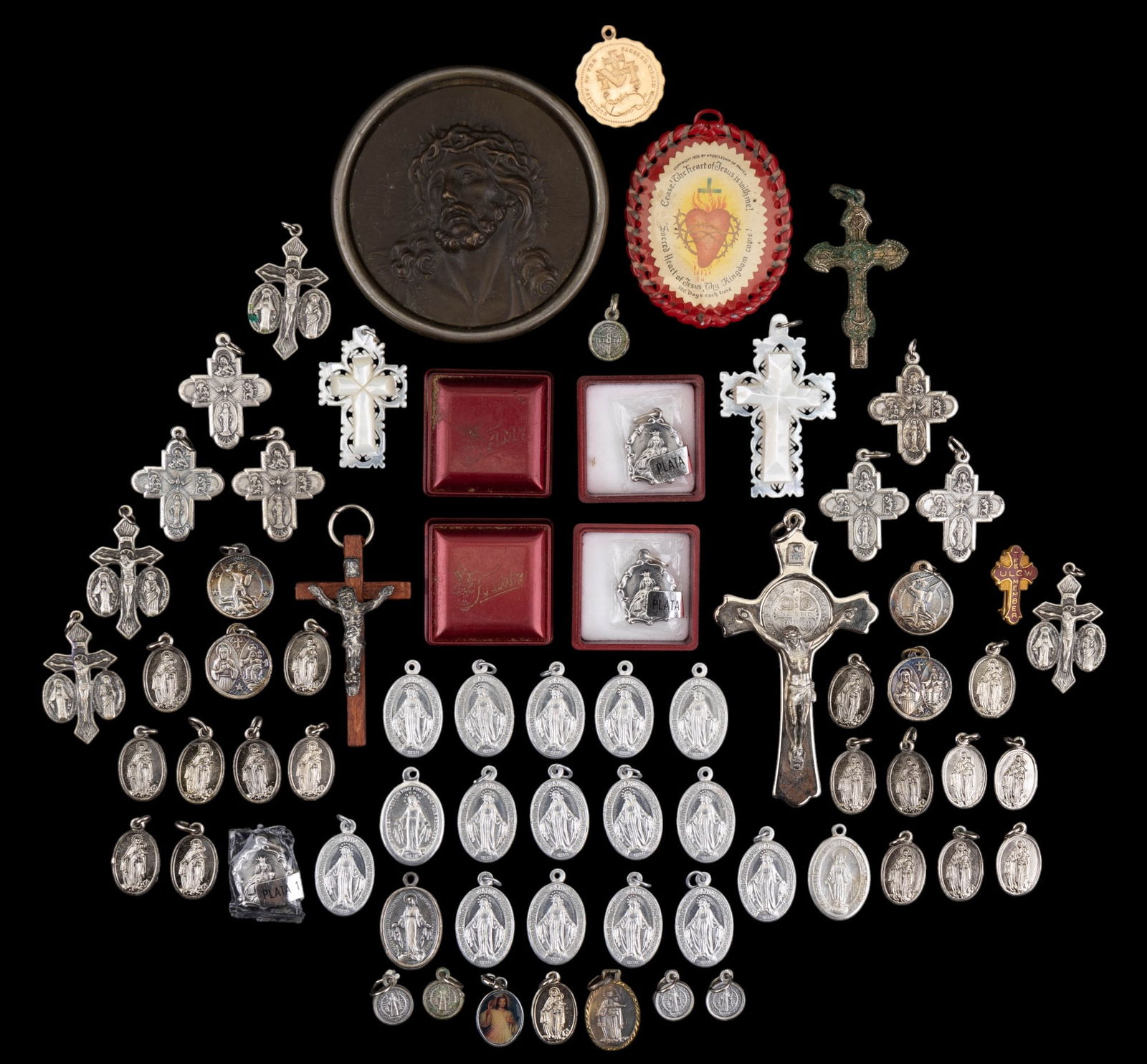 Crucifixes, Crosses, & Prayer Medallions (70): Wood & silver tone crucifix pendant, large silver tone crucifix pendant approx. 3.25" long, 4 identical "J.M.J. Be With Us On Our Way" crucifix pendants, 6 identical Italy embossed cross pendants, pat