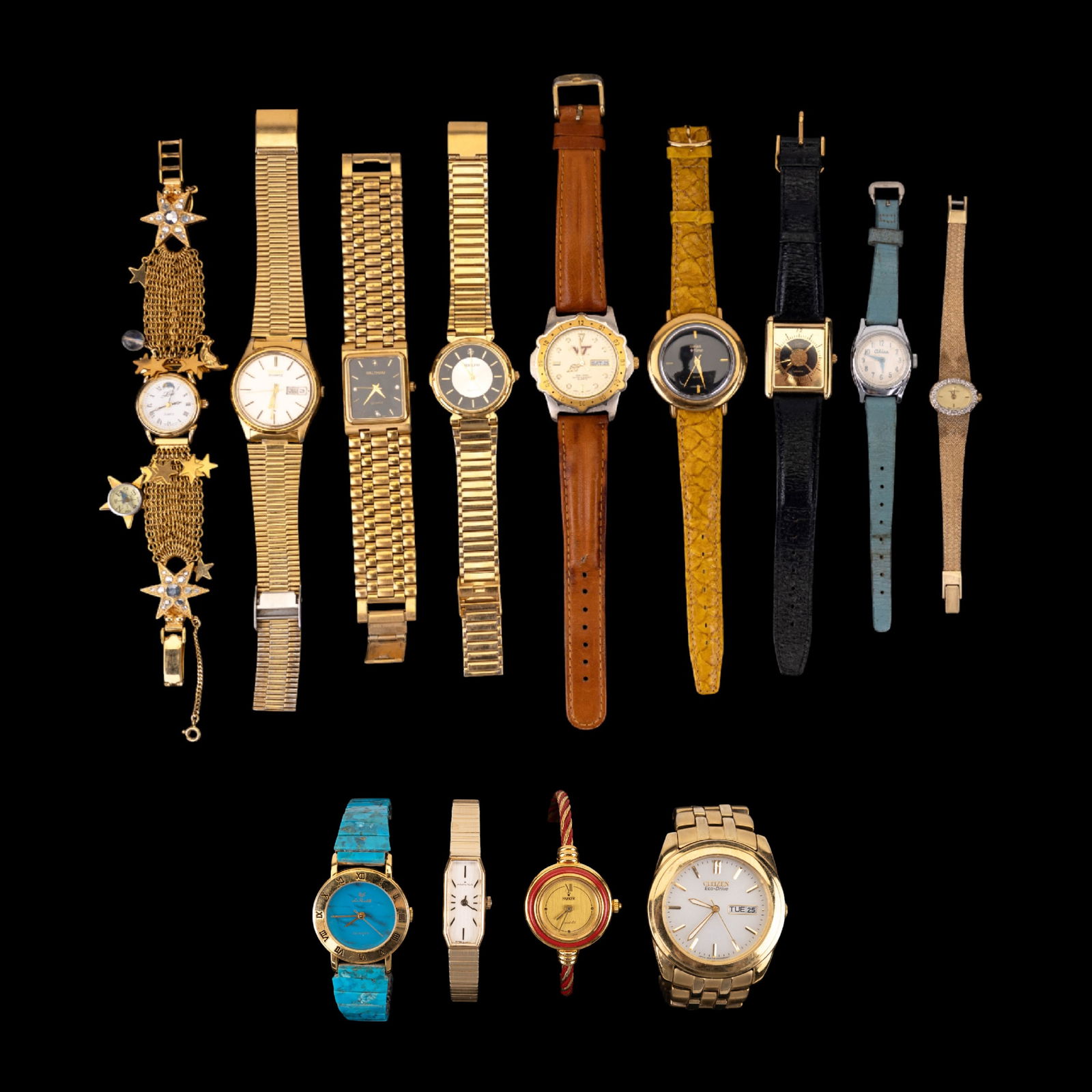 Designer Watch Grouping: Mens and Ladies Watches including a Oscar De La Renta Watch gold tone with leather band, Waltham Quarts, Swiss + Time, Citizen Eco-Drive (running) #601091 men's watch, Adoflo, VT, Seiko, Kirks, 2 Hami