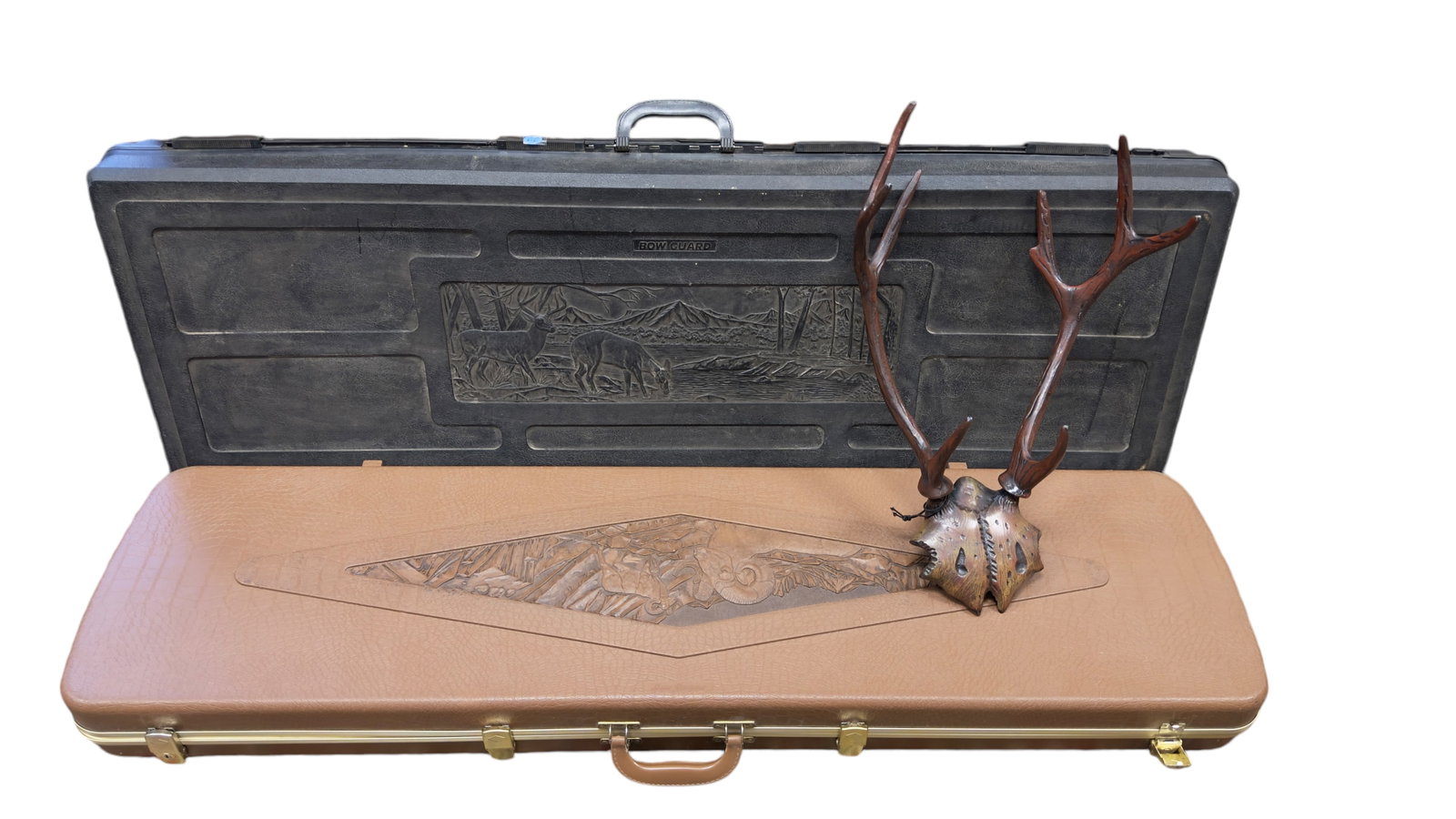 Gun Cases (3), Cast Metal Deer Rack: Two hard cases for rifles. Non-locking. And a cast metal deer rack / coat rack approx 22" H x 9" D.